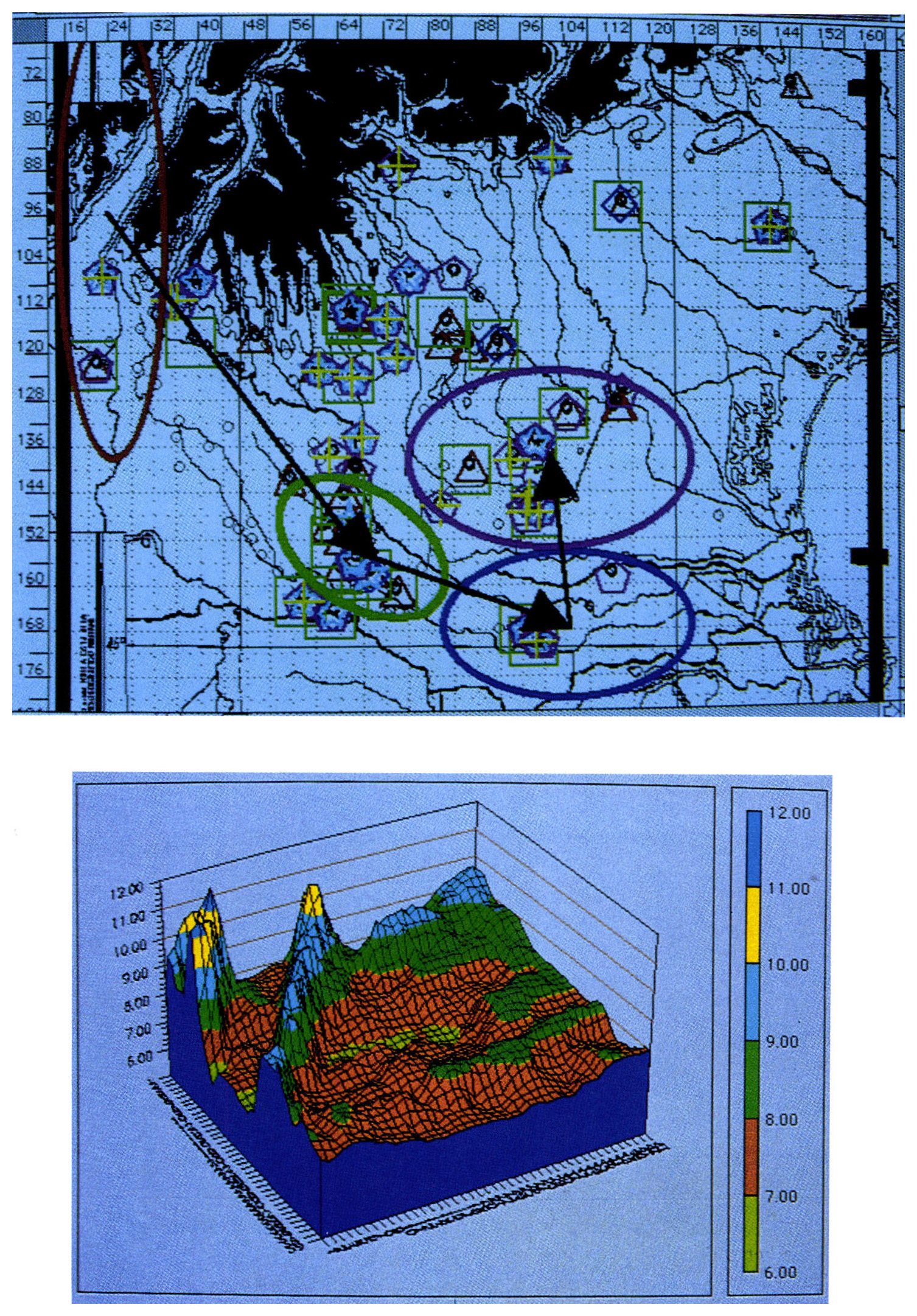 Tav. III - a) Mappa archeologica plurifase del Veneto fra Bronzo Recente Evoluto e Inizio dell’età del Ferro: Fasi 1-6, contraddistinte dal simbolo e dal colore. Fase 1 = triangolo rosso; Fase 2 = rettangolo verde; Fase 3 = rombo blu; Fase 4 = stella celeste; Fase 5 = pentagono rosa; Fase 6 = croce gialla. Il flusso diacronico delle “core areas” (insiemi col colore pertinente alla fase-climax) è evidenziato dall’andamento delle frecce (cfr. Bicego 1990). 
b) Rappresentazione tridimensionale del microrilievo dell’areale del sito di Fabbrica dei Soci (cfr. Tavv. VIIb-VIIIa).