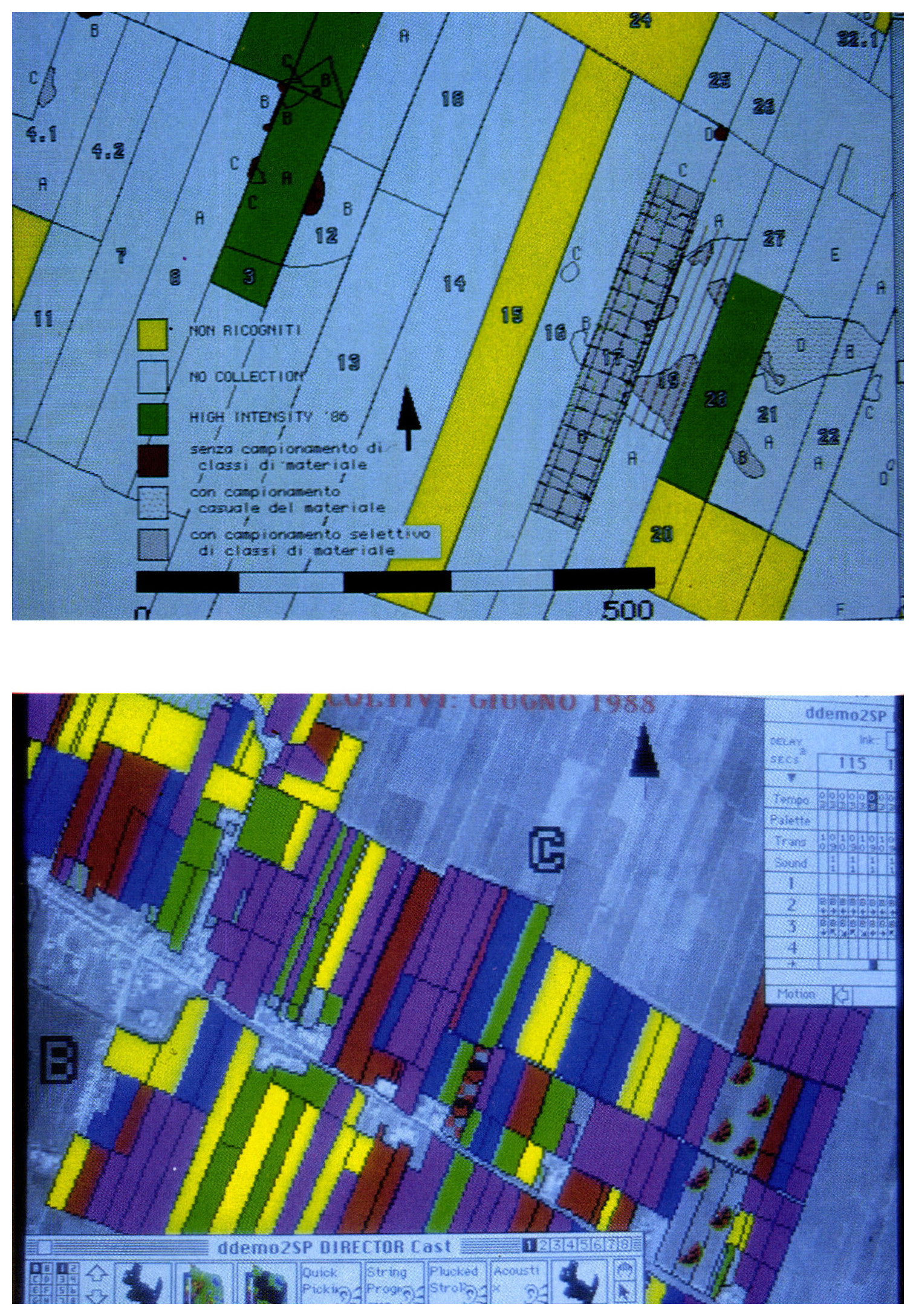 Tav. VI - a) Survey di “media intensità” (S. Pietro Polesine 1987-1988) - locc. Malbona e Canova: mappa delle strategie di raccolta (elaborazione computerizzata di A. Malgarise).
b) Dettaglio sull’areale del survey di “media intensità” (S. Pietro Polesine 1987-1988): mappa di coltivi (Giugno 1988) sovrapposta in “opaco” al layer dell’immagine aerea (cfr. Tav. IVb) (da una sequenza multimediale ottenuta con il programma Director: cfr. testo).