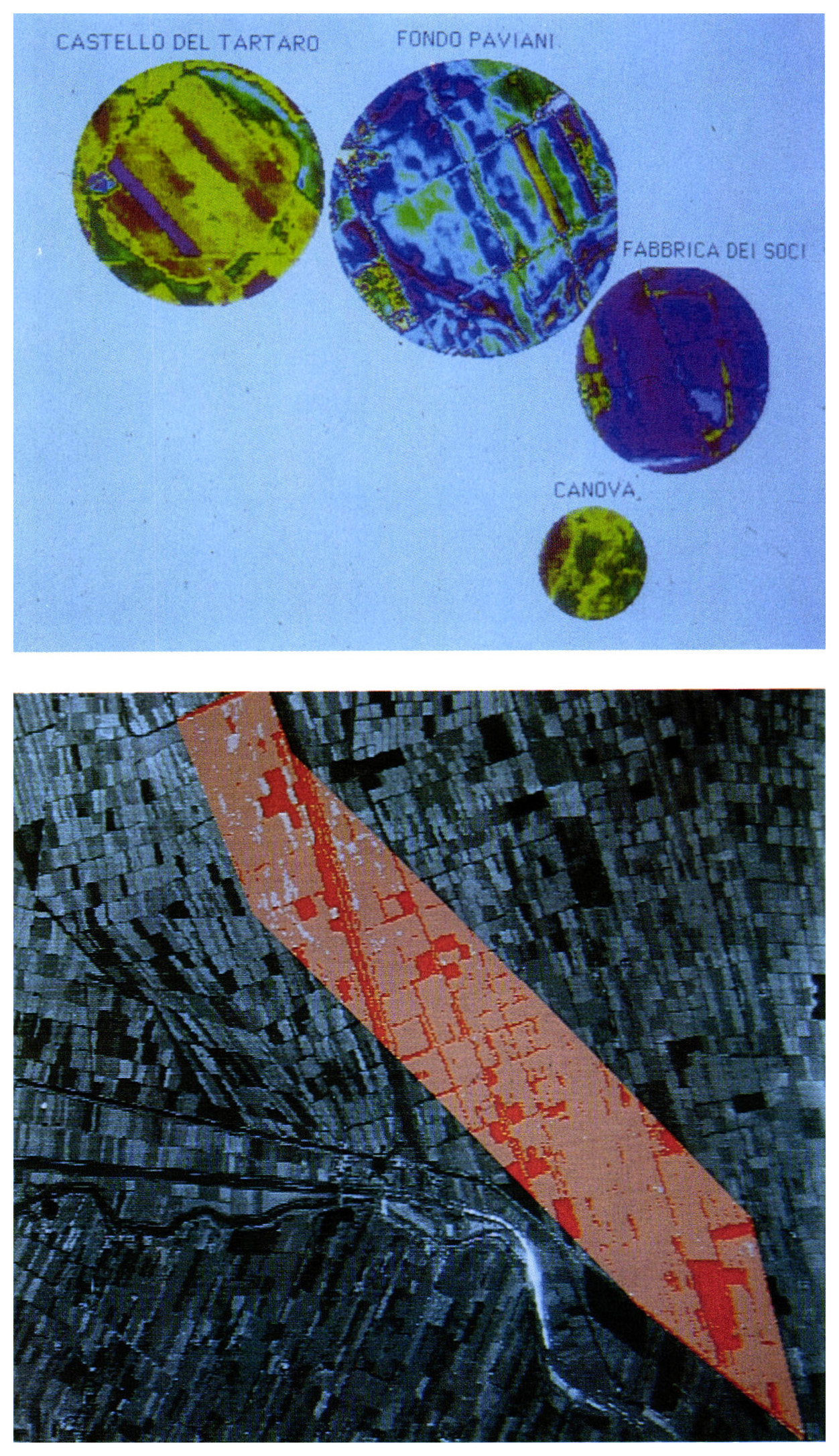Tav. VIII - a) I quattro siti arginati dell’areale operativo del survey. Le immagini (16 livelli di grigio rimappati su palette “vivid”) costituiscono degli “oggetti” grafici (con scripts associati) di una “card’ del programma SuperCard (cfr. testo): facendo click su uno dei siti si apre una prima finestra informativa sullo stesso.
b) Immagine digitalizzata relativa al transetto per il survey di “bassa intensità” fra i siti di F. Paviani e Fabbrica dei Soci (da foto aerea I.G.M. conc. S.M.A. 139 del 5/6/1979; scala originale del fotogramma di circa 1:29000).
