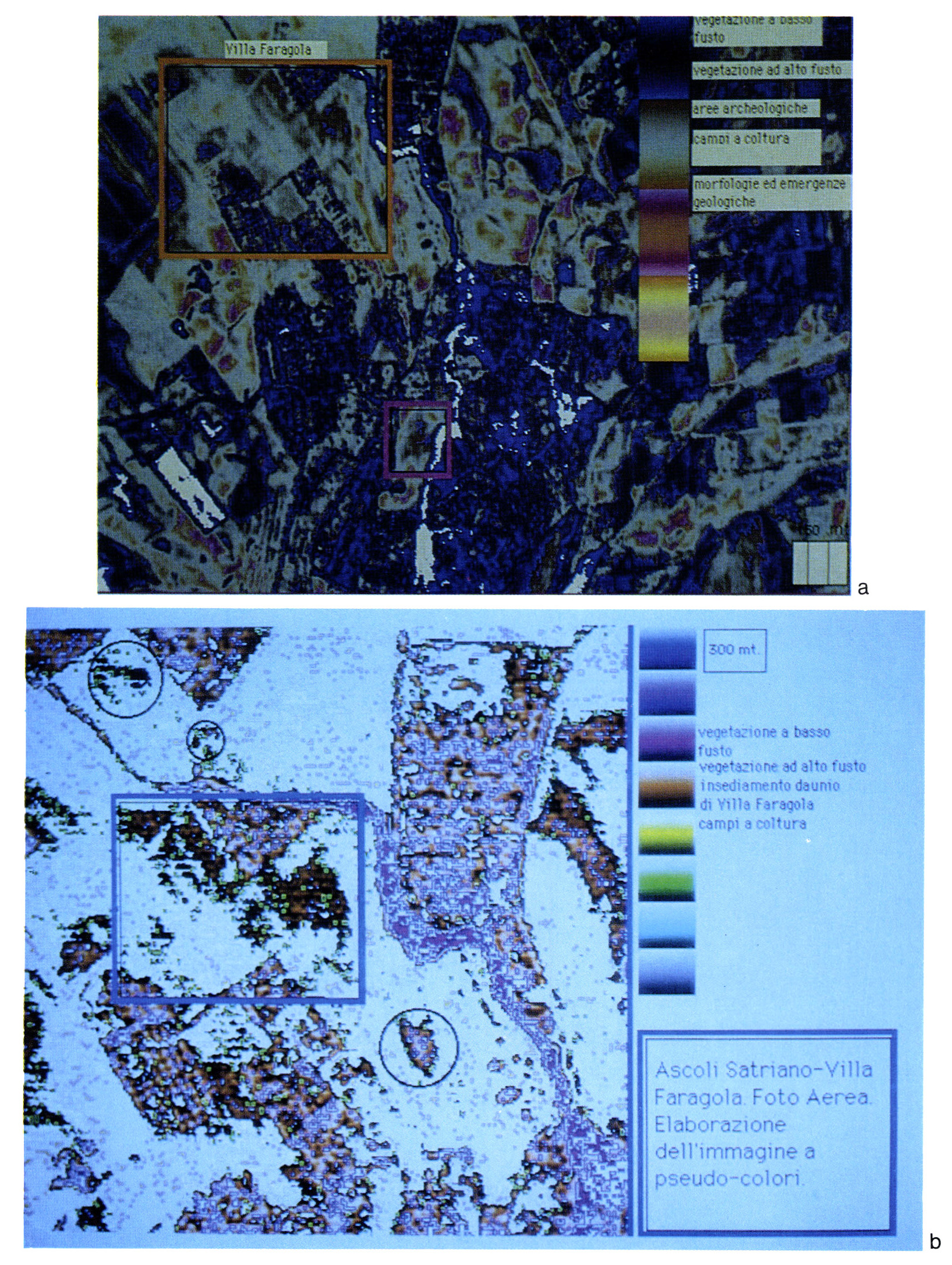 Tav. I - a: Porzione della foto aerea originale di Ascoli Satriano elaborata digitalmente a pseudo colore a scala più dettagliata.
b: Look up table dedicata all’accentuazione e trasformazione della discontinuità dei livelli di grigio/colore.