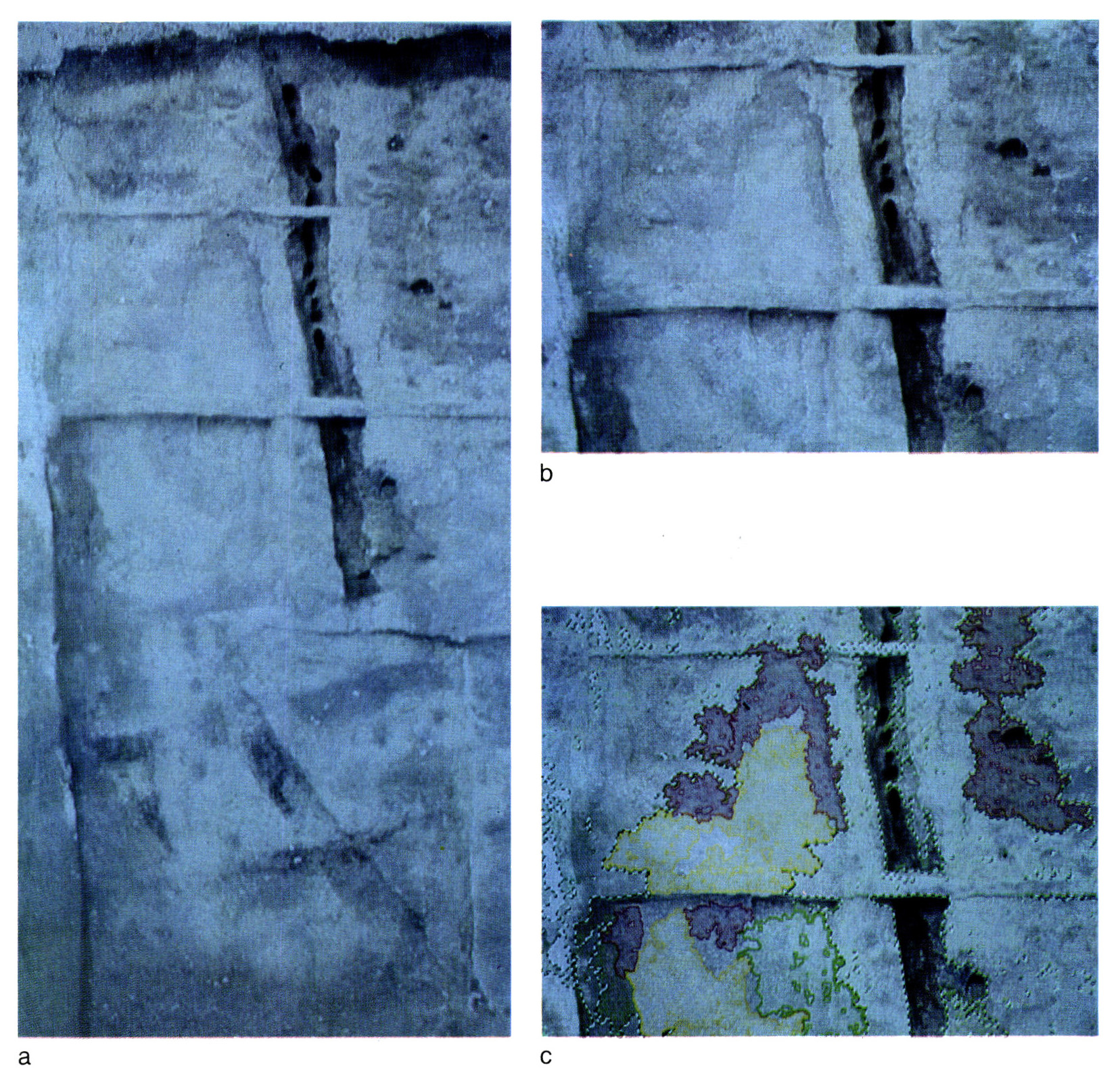 Tav. VI -  a: Frattesina (Fratta Polesine-Rovigo); quadranti W5-Y5 (Ottobre 1989). Direzione degli scavi Anna Maria Bietti Sestieri. Dati ripresa: supporto a giraffa; altezza dal piano di posa 250 cm, focale 8.5 mm, rapporto di scala in digitalizzazione 1:5 (risoluzione 640x480 pixel), n. fotogrammi 85, tempo di ripresa 170 minuti. Digitalizzatore: scheda NuVista (1Mb RAM); risoluzione colore 16 bit; processamento su Appie Macintosh IIci (5 Mb RAM, 40 HD); montaggio su Photoshop 1.0.7; dimensione 2340 Kb. b: Frattesina (Fratta Polesine-Rovigo); dettaglio del quadrante Y5 su programma Photoshop 1.0.7. c: Esempio di ricerca ed evidenziazione automatica di regioni dell’immagine per fattori di similarità cromatica, su programma Photoshop 1.0.7 (strumento “magic wand”: “tolleranza” 10; “sfuocatura” 64).