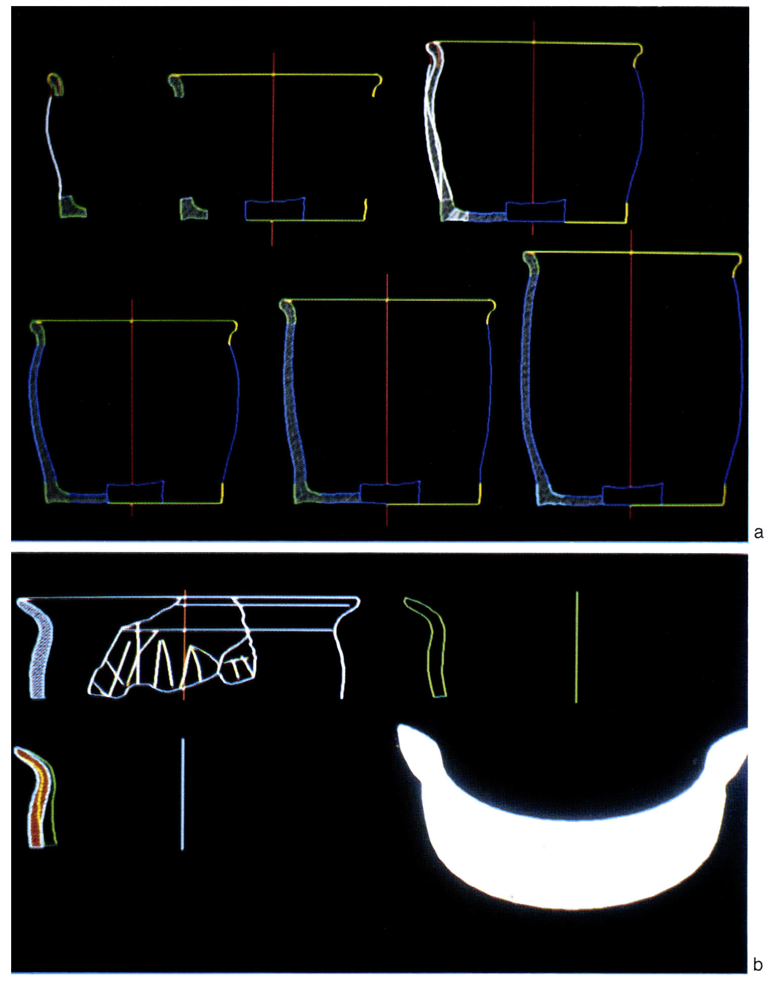 Tavv. XI-XII - Le fotografie riportate esemplificano le rappresentazioni ottenibili con l’uso di vari software e di varie stazioni grafiche. Tali immagini illustrano le potenzialità di rappresentazione ottenibili con il disegno interattivo, potenzialità che sono associate ad una capacità di archiviazione ed interrogazione delle immagini stesse attraverso l’uso della strumentazione e delle metodologie informatiche.