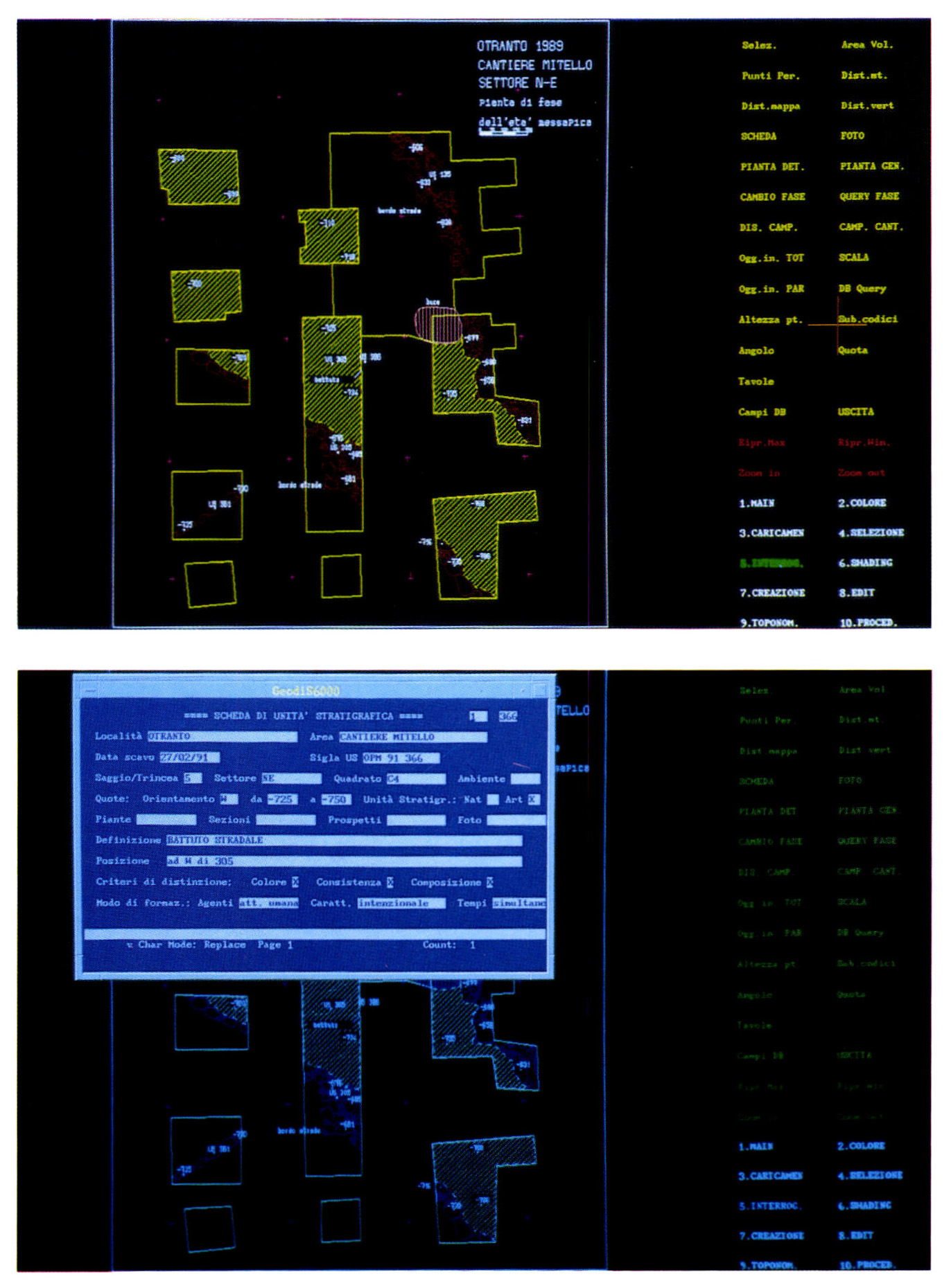 Tav. V, a-b - Gestione dei dati grafici relativi allo scavo di Otranto (LE). Esempio di visualizzazione della scheda di US associata ad una struttura riprodotta nella pianta computerizzata.