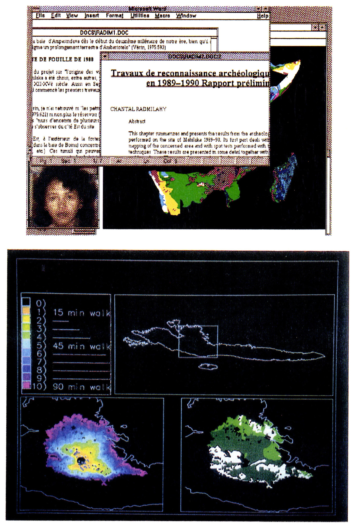 Tav. II - a: Two open documents, linked to landuse map of East Africa and photograph of author.