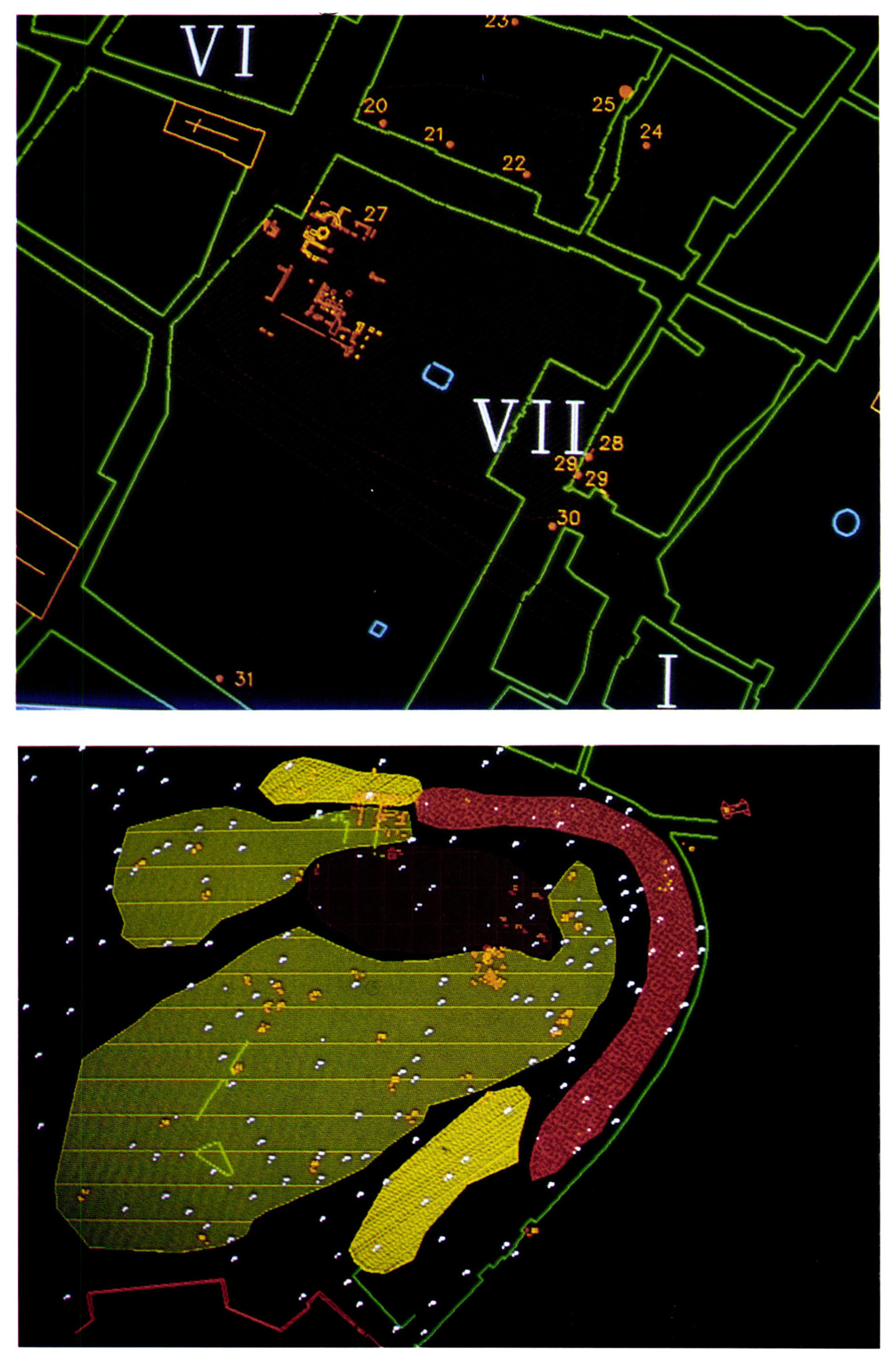 Tav. III - a: Stralcio della carta archeologica (zona di S. Cecilia) sul livello STRADE del catasto attuale. b: Carta di individuazione della profondità dei depositi archeologici. Marrone scuro: sotto -m. 8; giallo intenso: da -m. 7 a -m. 6; giallo: tra -m. 6 a -m. 4; rosso: sopra -m. 3.