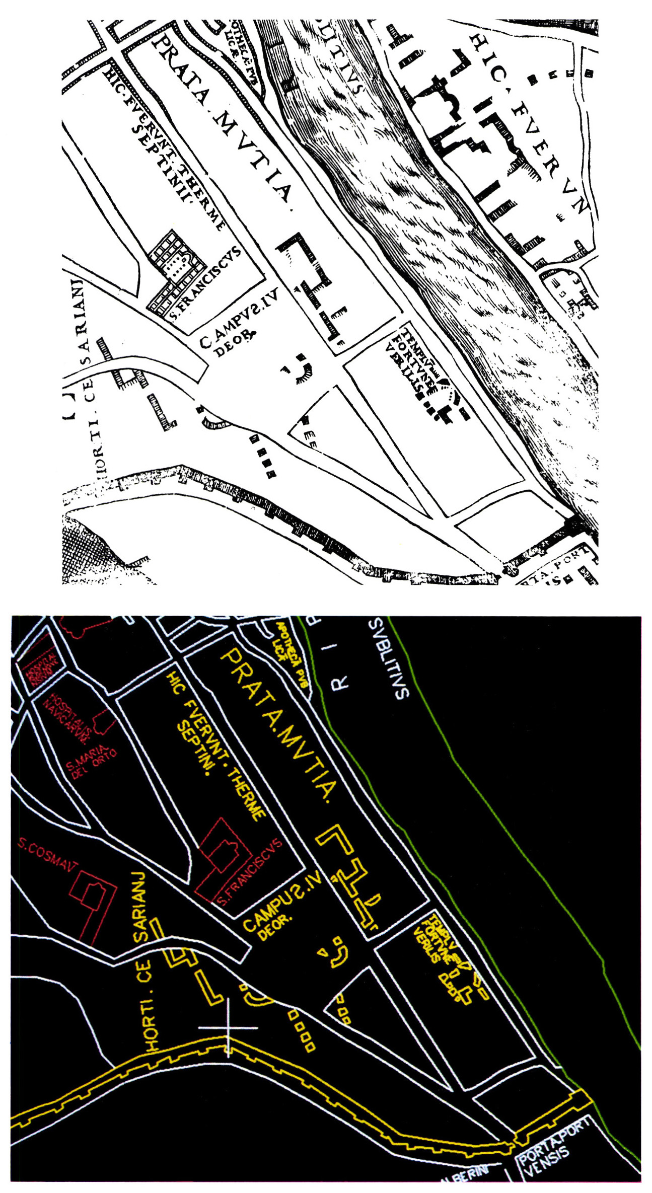 Tav. V - La pianta di Leonardo Bufalini (settore meridionale di Trastevere) a confronto con l’originale: livello STRADE (bianco); CHIESE (rosso); “ARCHEOLOGIA” (giallo).