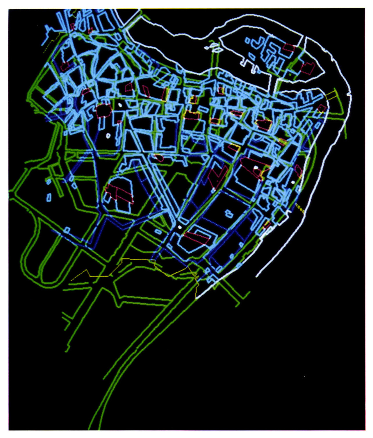 Tav. VIII - Sovrapposizione generale della veduta di G.B. Falda (livelli dal blu al celeste) al catasto attuale (livello STRADE, in verde). In bianco il percorso del Tevere risultante dopo le fasi di adeguamento delle geometrie.