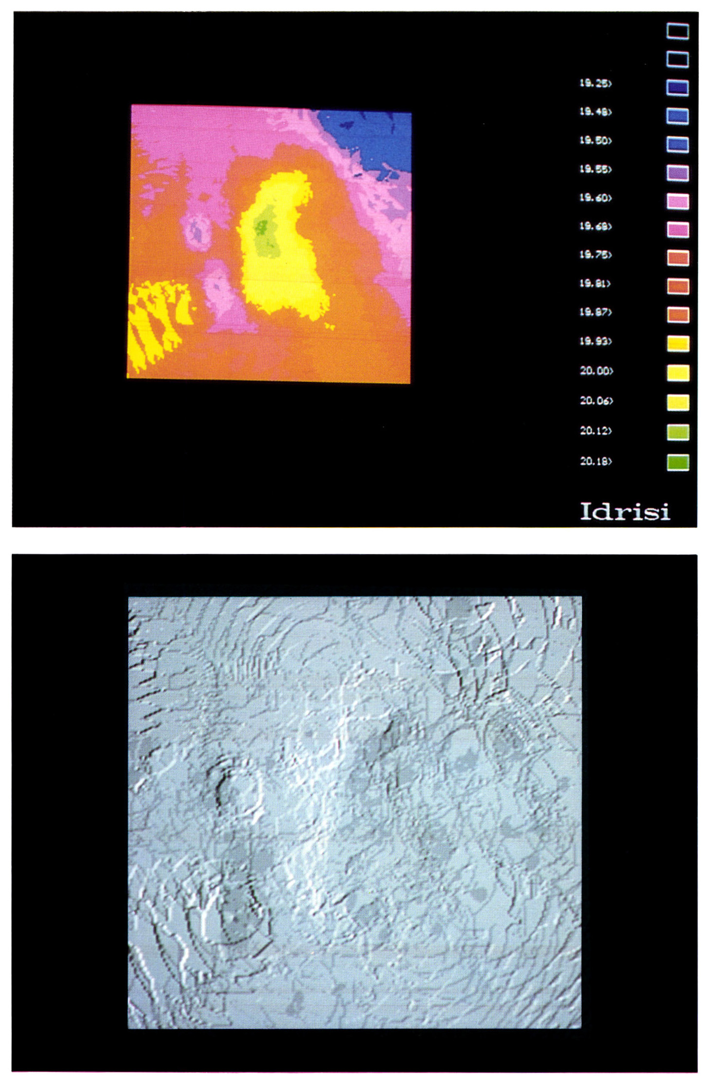 Tav. XI - a: Restituzione del microrilievo a curve di livello con interpolazione random (Idrisi). b: Visualizzazione del DTM in base ai gradi di pendenza del suolo (Idrisi).