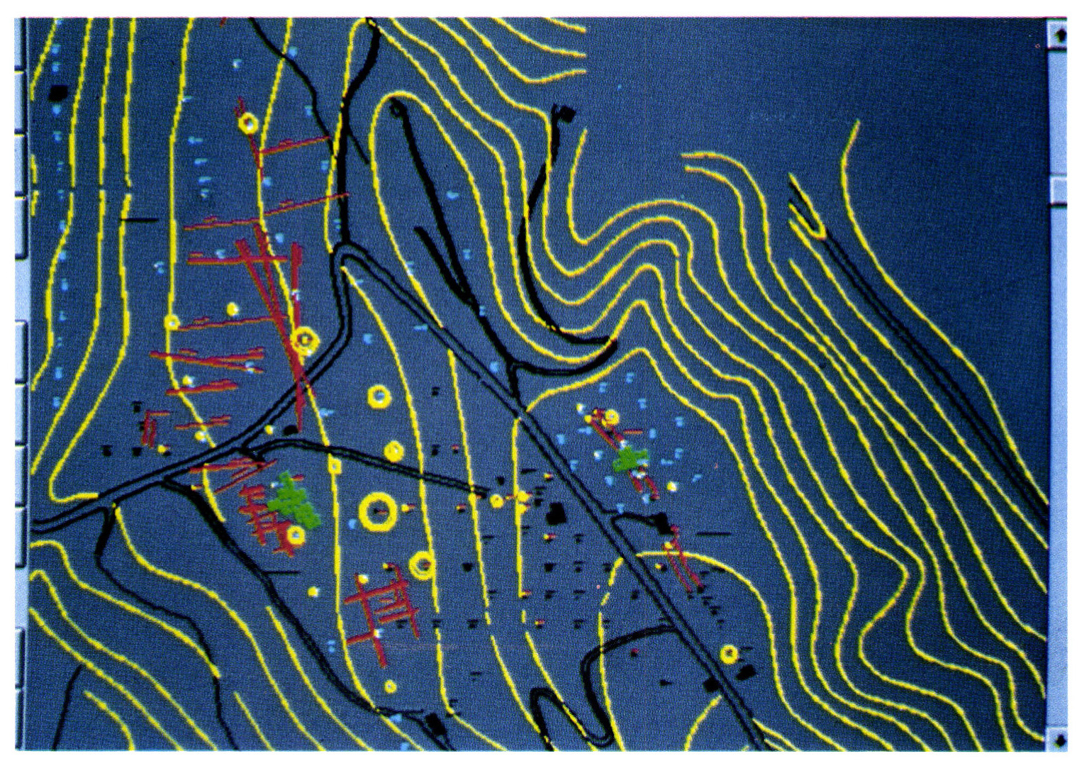 Tav. I - a: Carta tematica di una zona del sito Mella (Oppido Mamertina) creata interrogando la Banca Dati. Le richieste sono state: “presenza di anomalie magnetiche” (linee in rosso), “perforazioni con frammenti ceramici (cerchi in giallo) e/o frammenti di laterizio” (rettangoli in verde). I cerchi e i rettangoli sono di dimensioni proporzionali ai dati della Banca Dati.