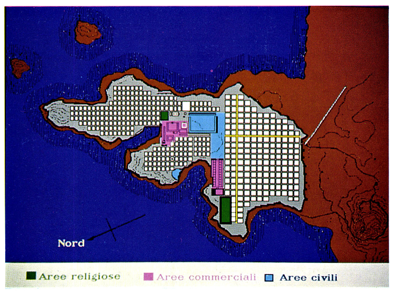 Tav. VIII - b: Rielaborazione della pianta schematica di Mileto con le diverse aree funzionali (Foto G. Aureggi).