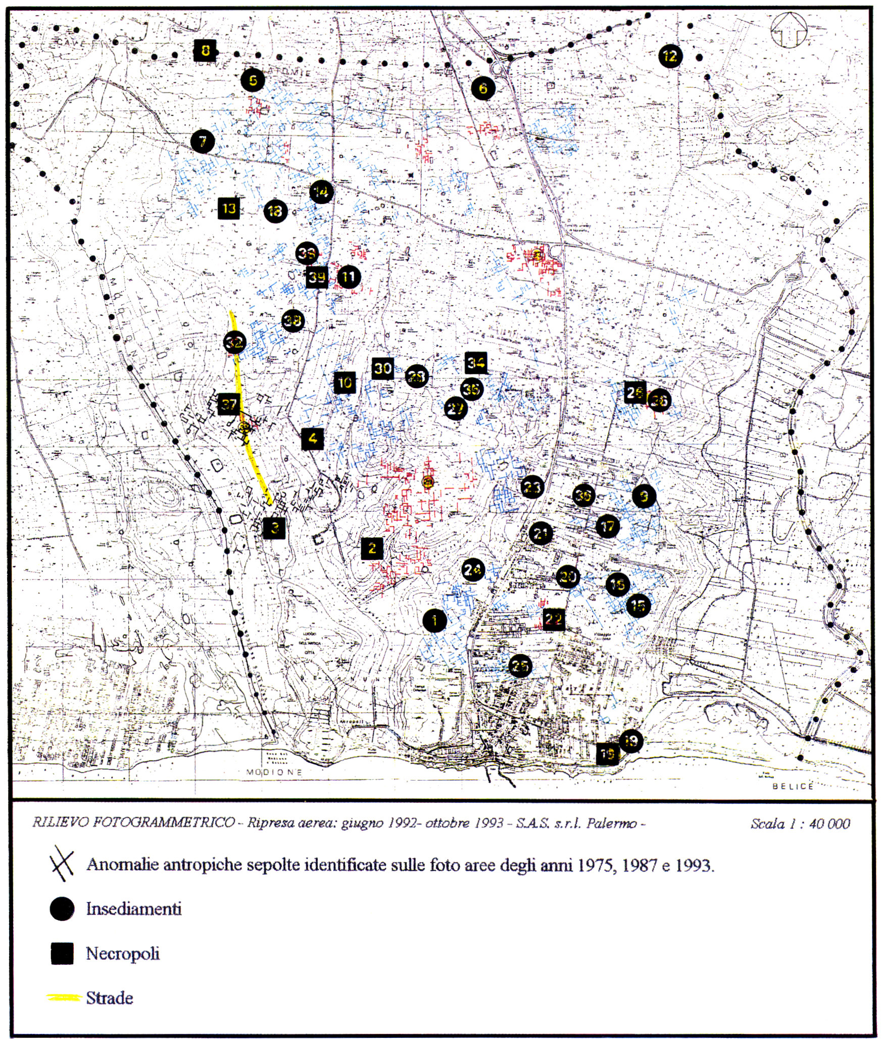 Tav. II - Selinunte. Territorio compreso tra i fiumi Belice e Modione. Restituzione topografica delle tracce antropiche identificate sulle foro aeree e localizzazione delle aree individuare tramite le ricognizioni di superficie.