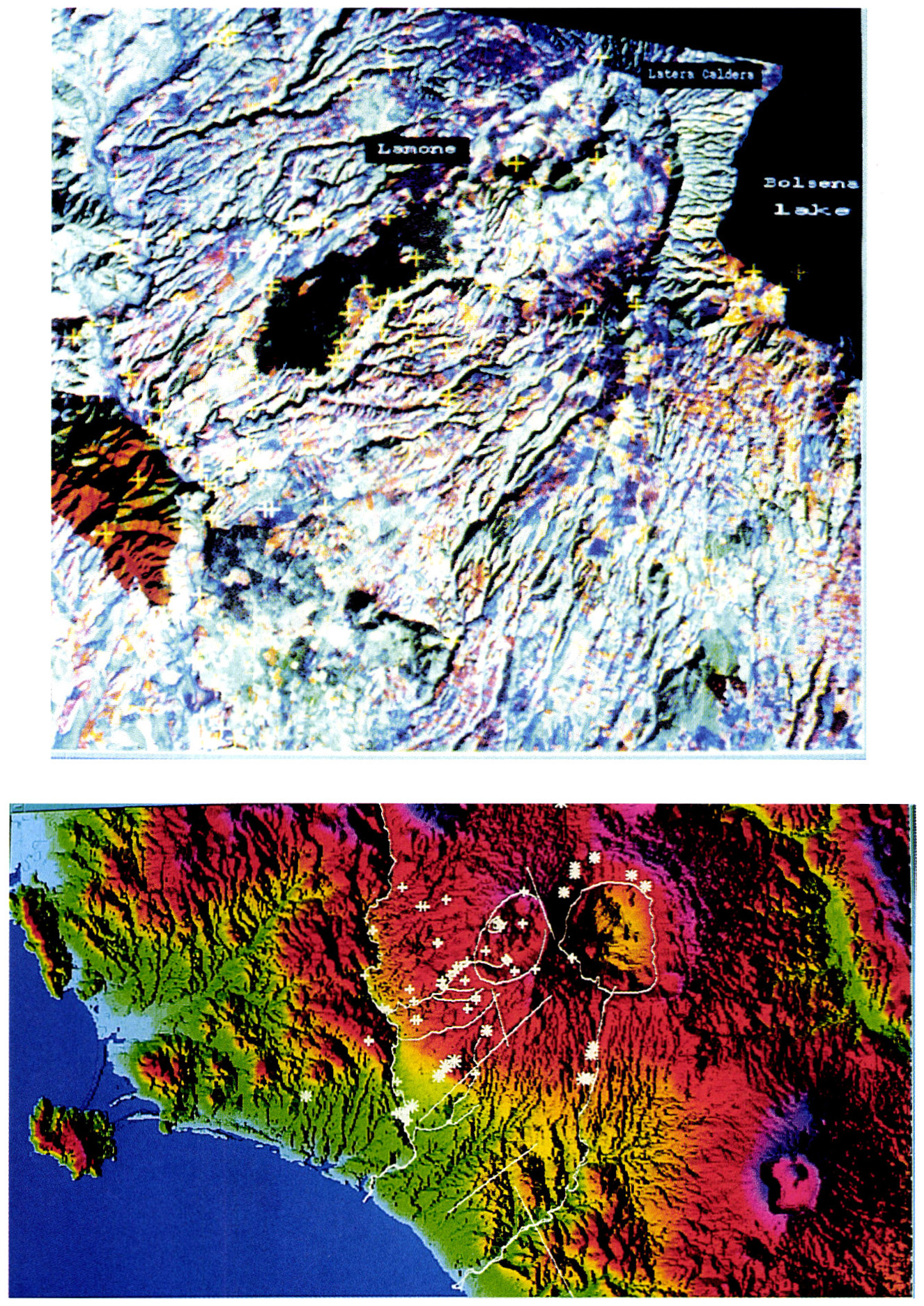 Tav. III - a: Combinazione a falsi colori delle bande TM 4 5 e 3 rappresentate rispettivamente in rosso, verde e blu, con sovrapposti (in giallo/ i siti archeologici.
b: Carta tematica risultante dalla codifica binaria del codice morfometrico con sovrapposta, a colori, l’altimetria (dal ciano al blu).