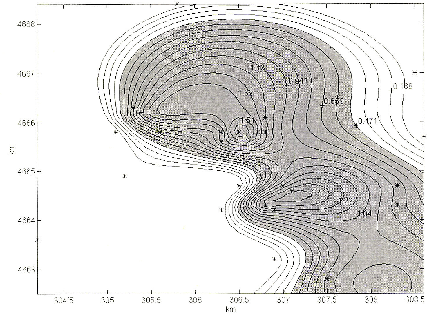 Tav. IV - b: Rappresentazione a sovrapposizione tematica tra il diagramma delle altimetrie in falsi colori (scala cromatica 0 - 300 m, con intervalli di 50 m), derivato dalla ricostruzione D.T.M. con l’idrografia principale e la localizzazione dei siti archeologici per la zona di Eretum.