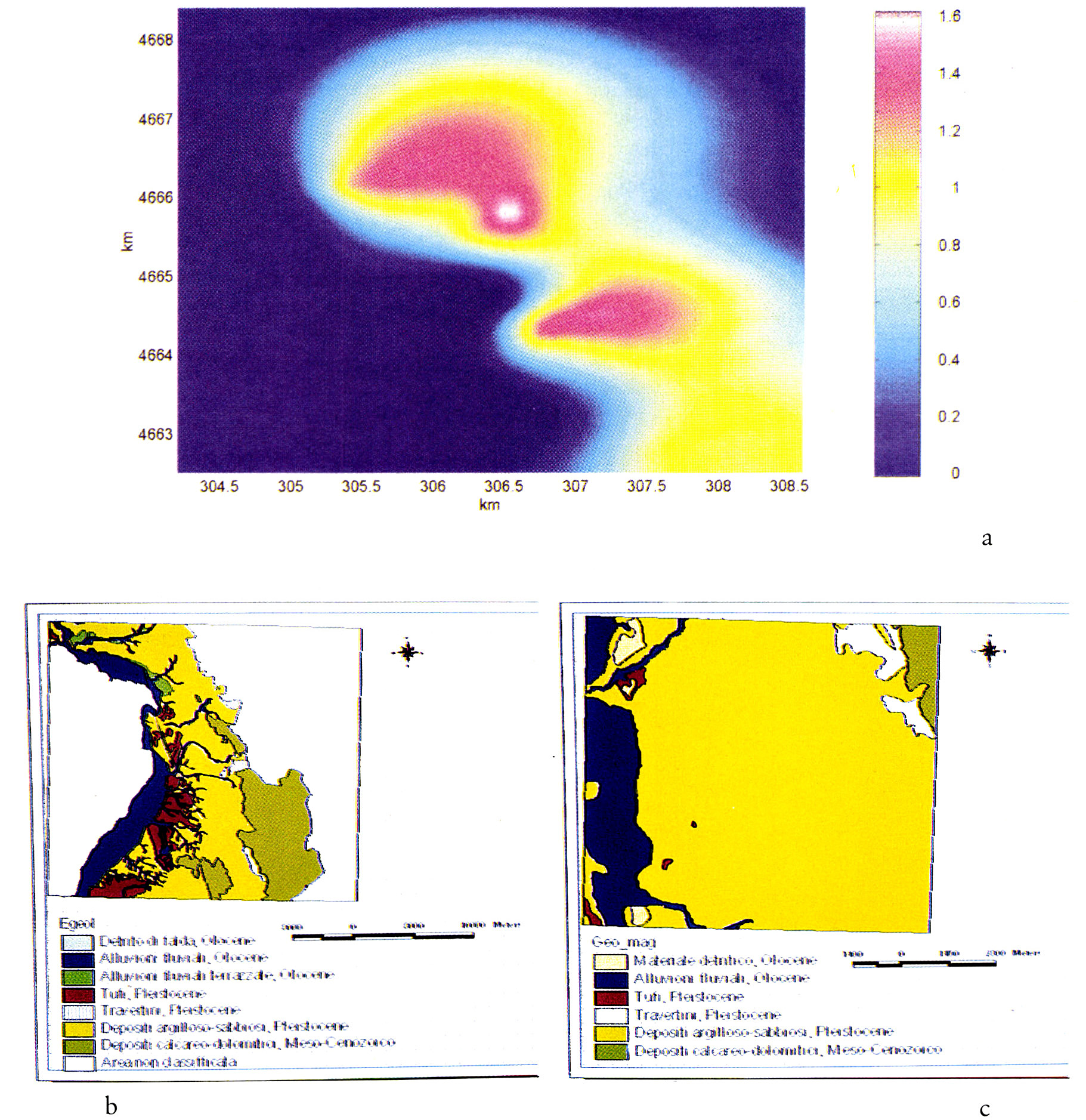 Tav. V - a: Rappresentazione a sovrapposizione tematica tra il diagramma delle altimetrie in falsi colori (scala cromatica 0 - 300 m, con intervalli di 50 m), derivato dalla ricostruzione D.T.M. con l’idrografia principale e la localizzazione dei siti archeologici per la zona di Magliano Sabina. b: Foglio 144 - Palombara Sabina, Carta Geologica d’Italia. c: Foglio 138 - Terni, Carta Geologica d’Italia.