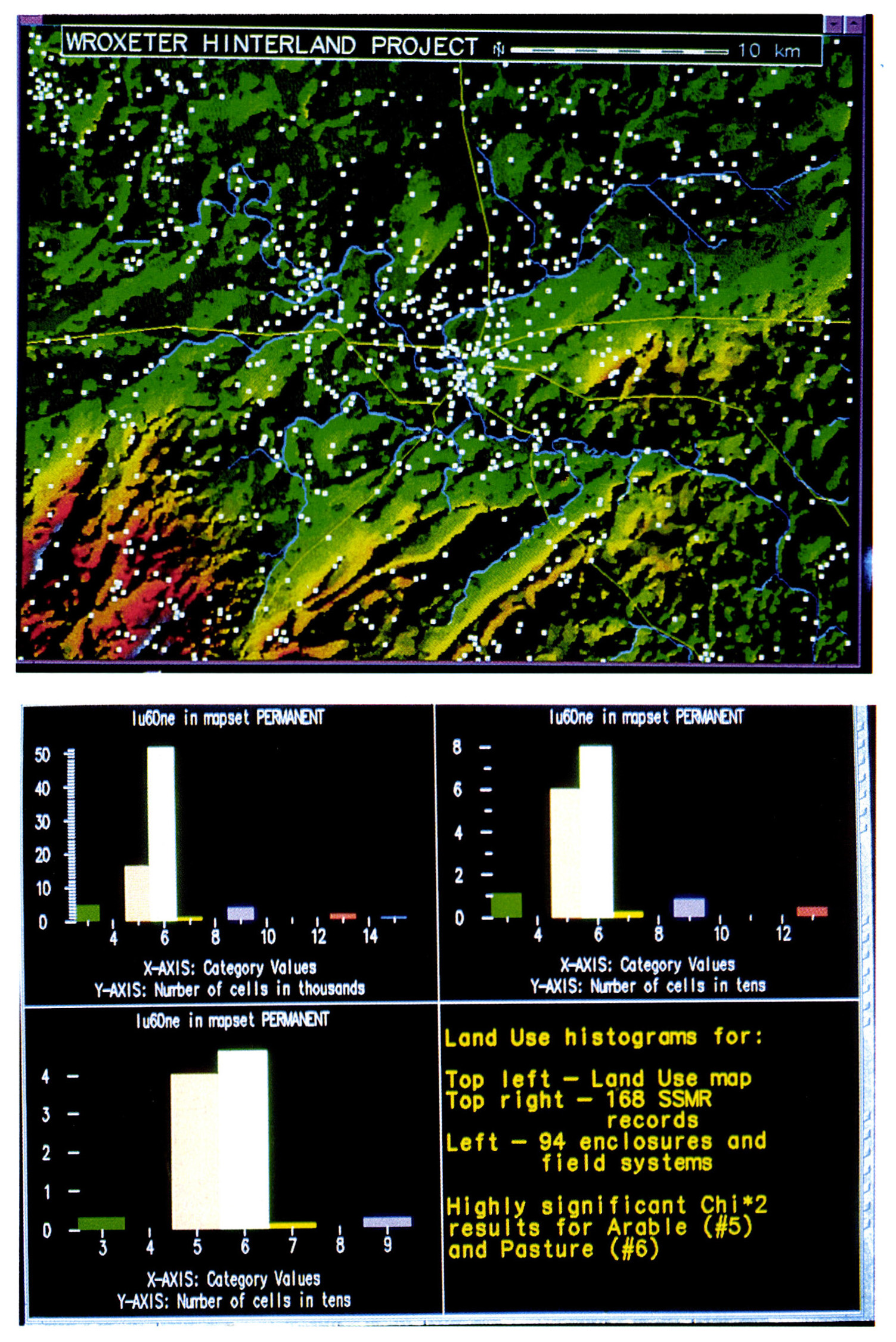 Tav. VII - a: Locations of all pre-Conquest archaeological site records in the study area (source: Shropshire Sites & Monuments Records). b: Comparison of land use histograms for land use (top left), Shropshire SMR records (top right), and enclosure and field system sites (bottom left) shows increased ‘preference’ for arable areas (column 5).