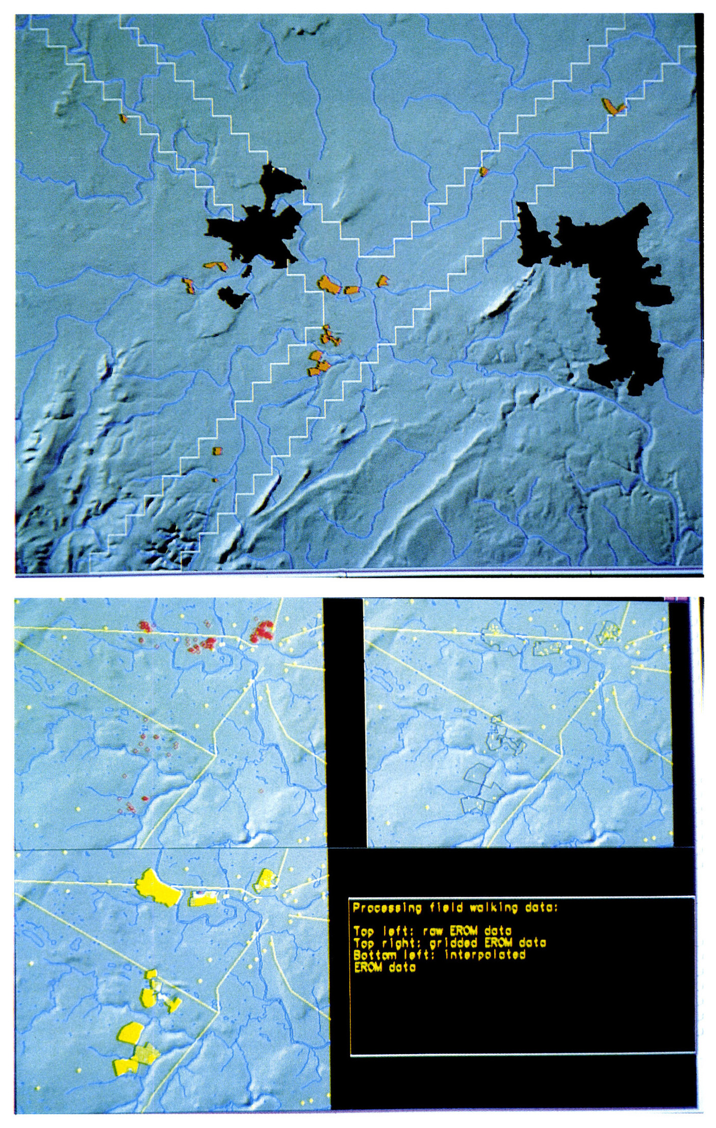 Tav. VIII - a: Field work transect of the Wroxeter Hinterland Project (white), with areas surveyed during the 1994-5 field walking season, totalling 387 hectares. The built-up areas of Shrewsbury and Telford are masked out. b: Processing of field walking results, detail. Roman roads and stray finds in yellow. Early Roman finds are mapped as points (top left), as raster cells (top right), and as a continuous interpolated surface (bottom left).