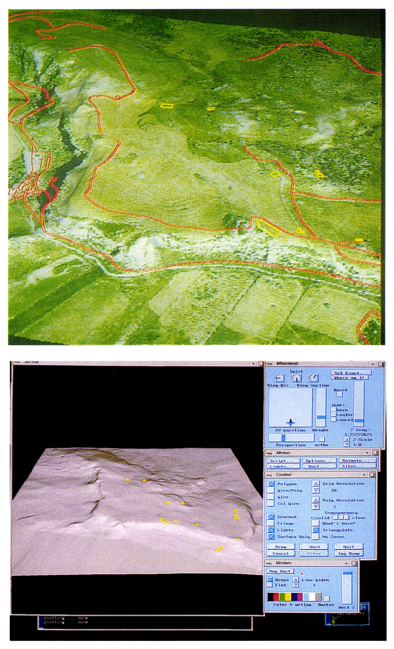 Tav. IX - a: Ricostruzione tridimensionale del paesaggio archeologico di Rocca di Entella: texture mapping della foto aerea sul modello altimetrico, con visualizzazione di layers vettoriali. b: GRASS SG3D: “shading” del modello tridimensionale privo di texture. Le aree evidenziate in giallo corrispondono ai saggi di scavo effettuati dalla Scuola Normai di Pisa.