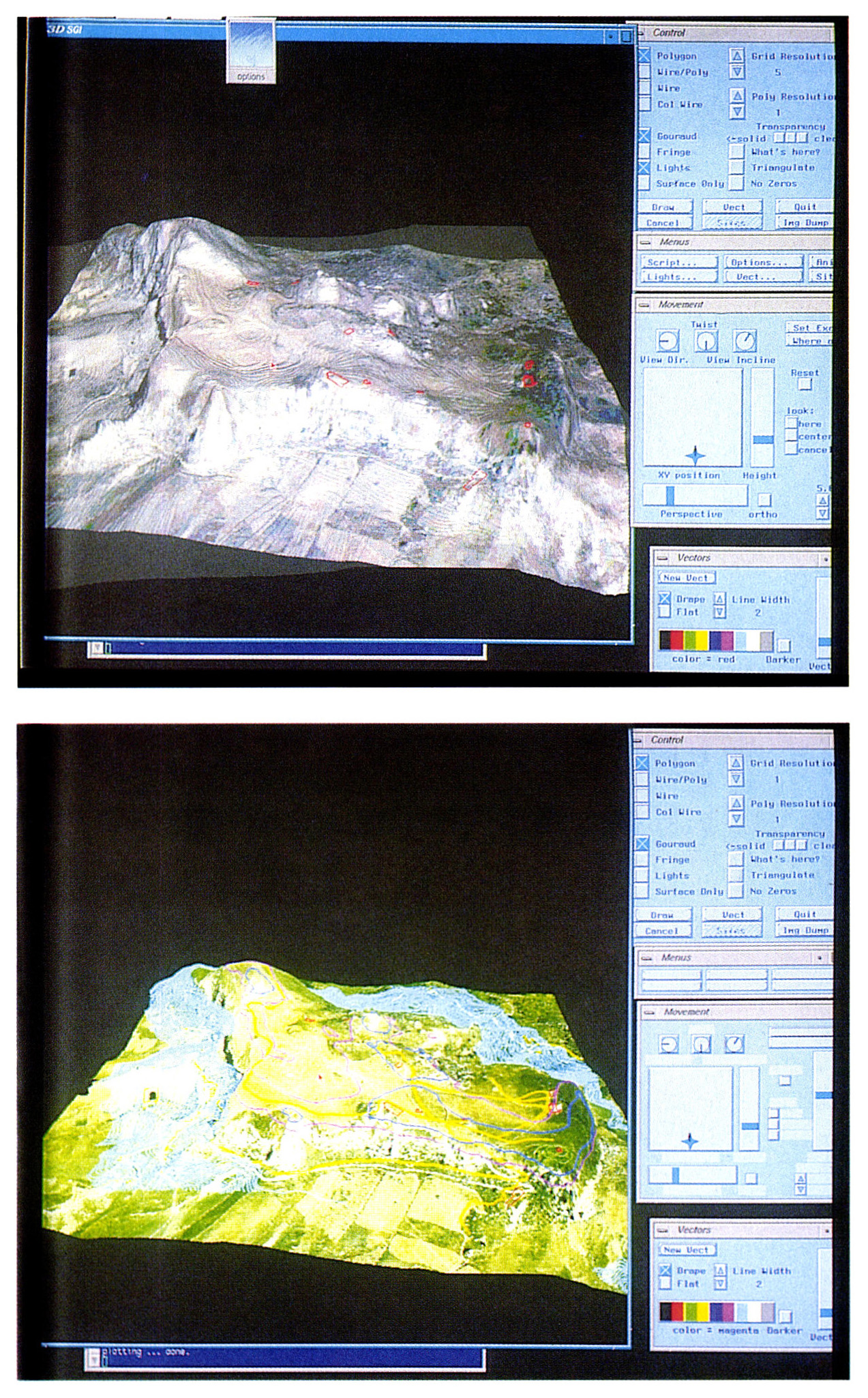 Tav. X - a: Posizionamento sul modello 3D di Rocca di Entella delle aree archeologiche indagate dalla Scuola Normale di Pisa e di quelle desunte dalla classificazione digitale. Come si noterà dall’immagine gli scavi archeologici effettuati risultano in larga parte periferici rispetto alla zona centrale della rocca, analizzata invece al calcolatore, e nella quale si presume sia situata la città ellenistica. b: GRASS SG3D. Texture mapping della foro aerea sul DTM con visualizzazione delle informazioni vettoriali e cartografiche (in azzurro le curve di livello fra i 200 e i 400 mt s.l.m.).