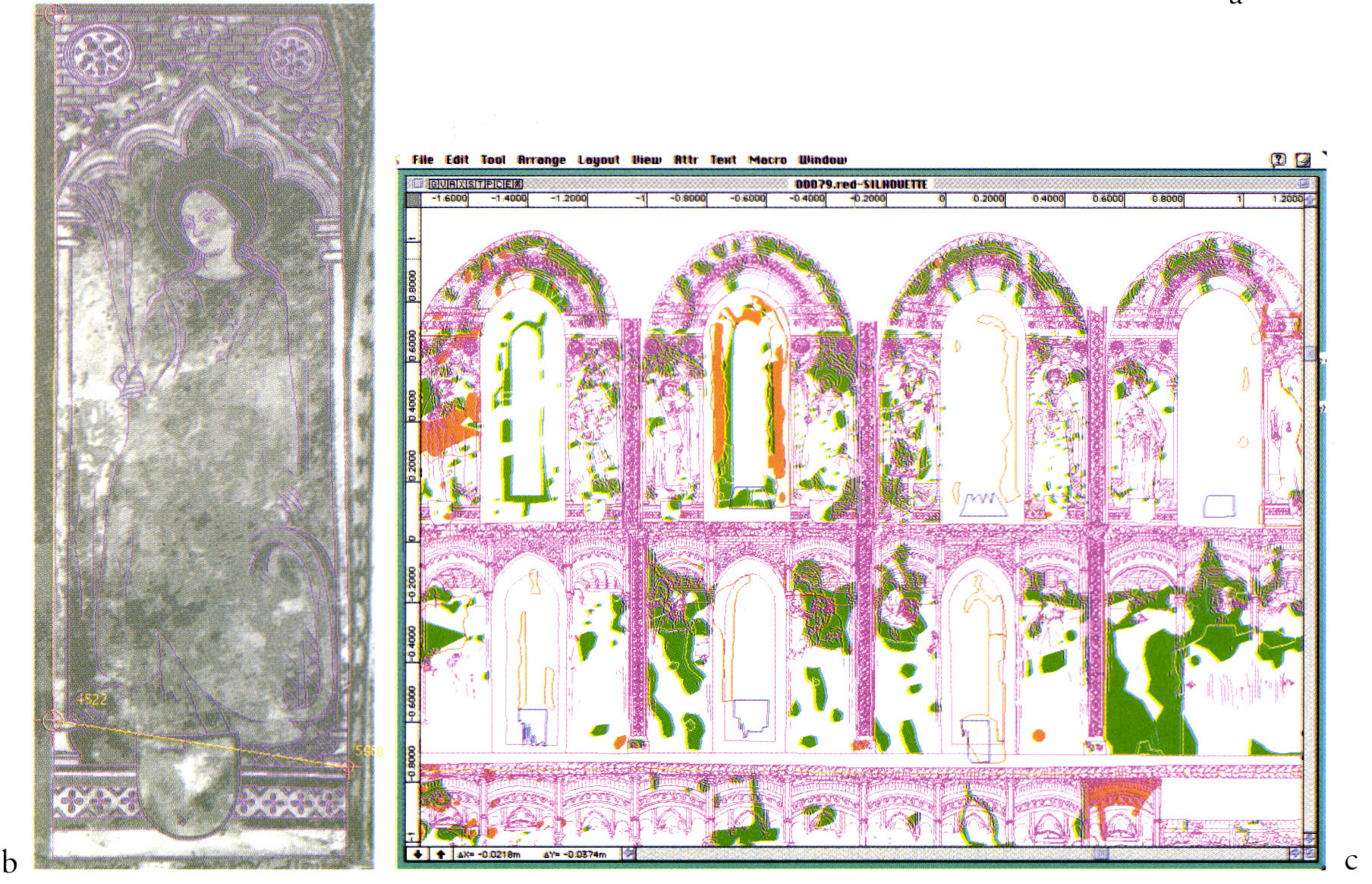 Tav XV - b: Le redressement d'images numériques permet d’offrir un outil performant pour les relevés de surfaces (Archéotech SA). c: L’assemblage automatique d’une multitude de relevés réalisés sur des photographies numériques redressées permet la visualisation de la répartition d’ensemble de micro phénomènes dans la restauration des peintures murales (Archéotech SA et Ateliers Saint-Dismas).