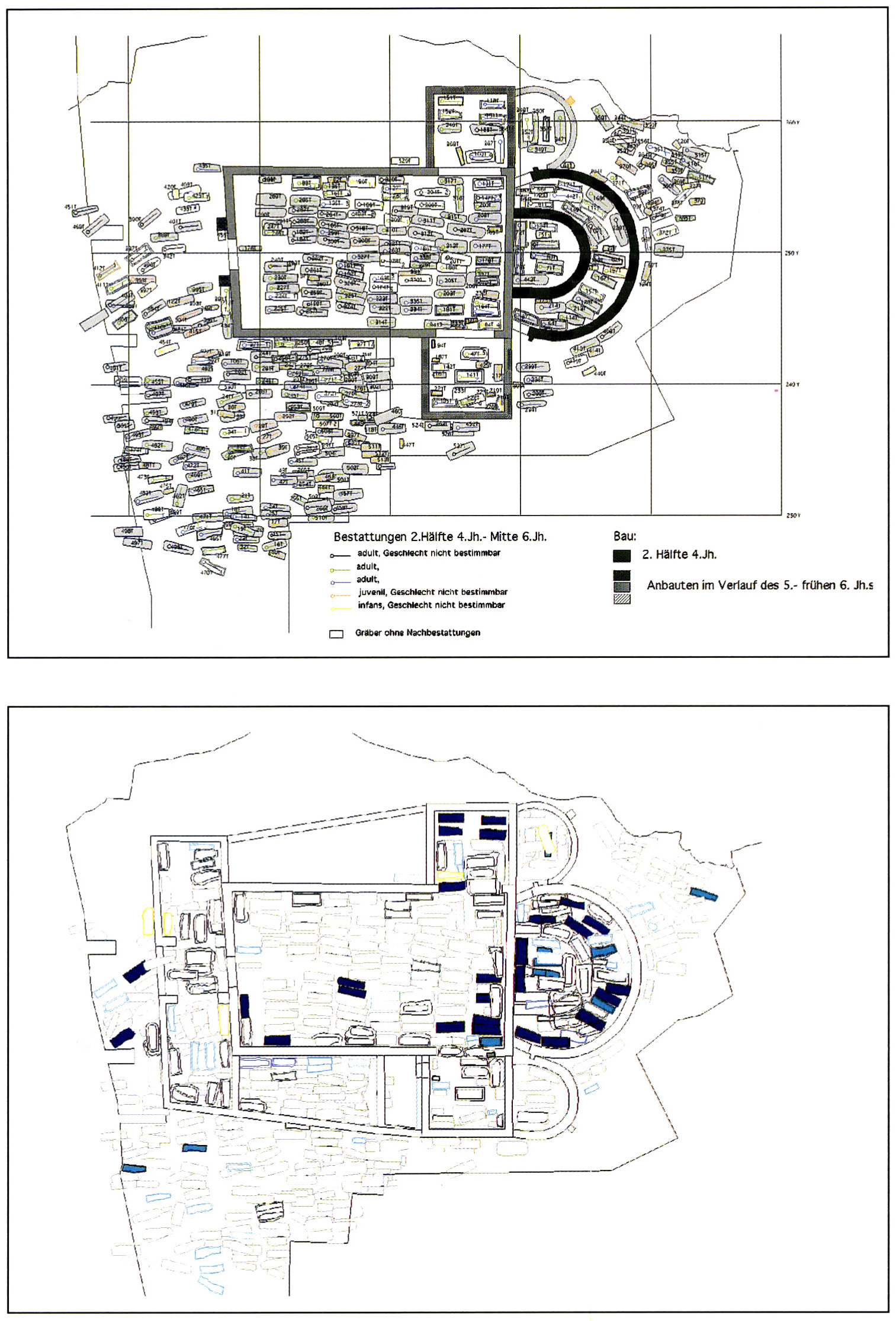 Tav. XVII - a: Répartition des tombes en fonction des critères typologiques (Alexandra Antonini). b: Répartition des tombes à dalles en fonction de leur typologie (Alexandra Antonini).