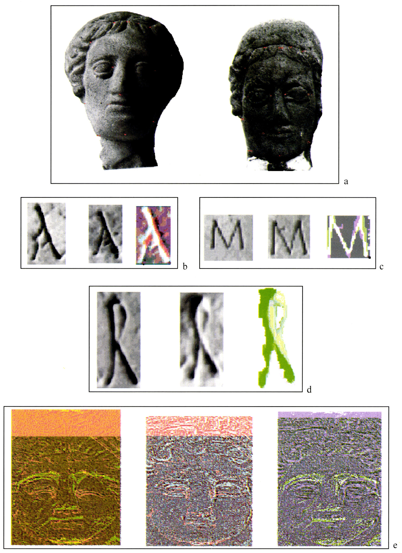 Tav. XXI - a: Applicazione dell’algoritmo di Warping. Individuazione dei punti di corrispondenza;
b, d: lettere A ed R di ARCHIGENES dai testi delle epigrafi gemelle conservate a Milano; 
c: lettera M di MATRONIS e MAXIMO dai testi delle epigrafi gemelle conservate a Milano; 
e: sovrapposizione a due a due delle immagini filtrate e colorate delle decorazioni dei timpani triangolari con Medusa di stele funerarie conservate a Milano.