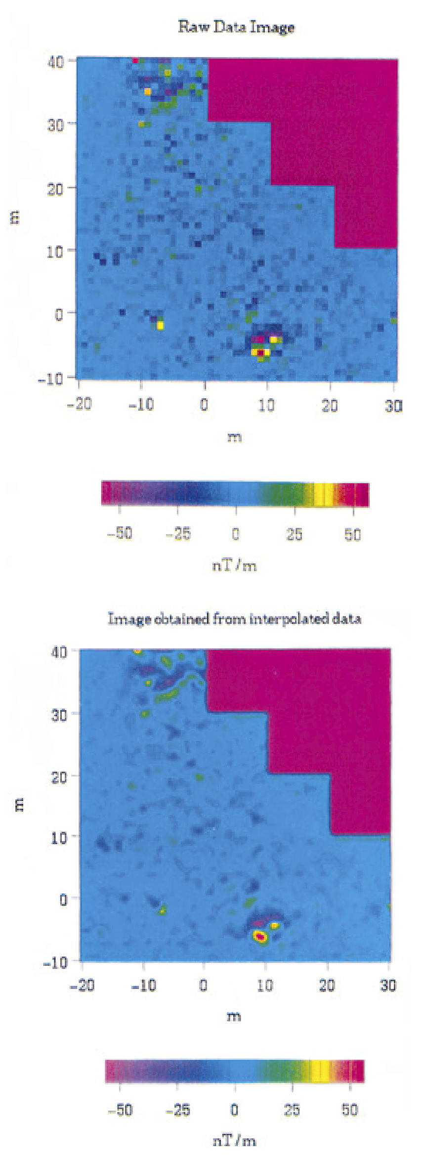 Tav. III, a-b Graphic treatment of geomagnetic data. a: Raw Data Image; b: Image obtained from interpolated data.