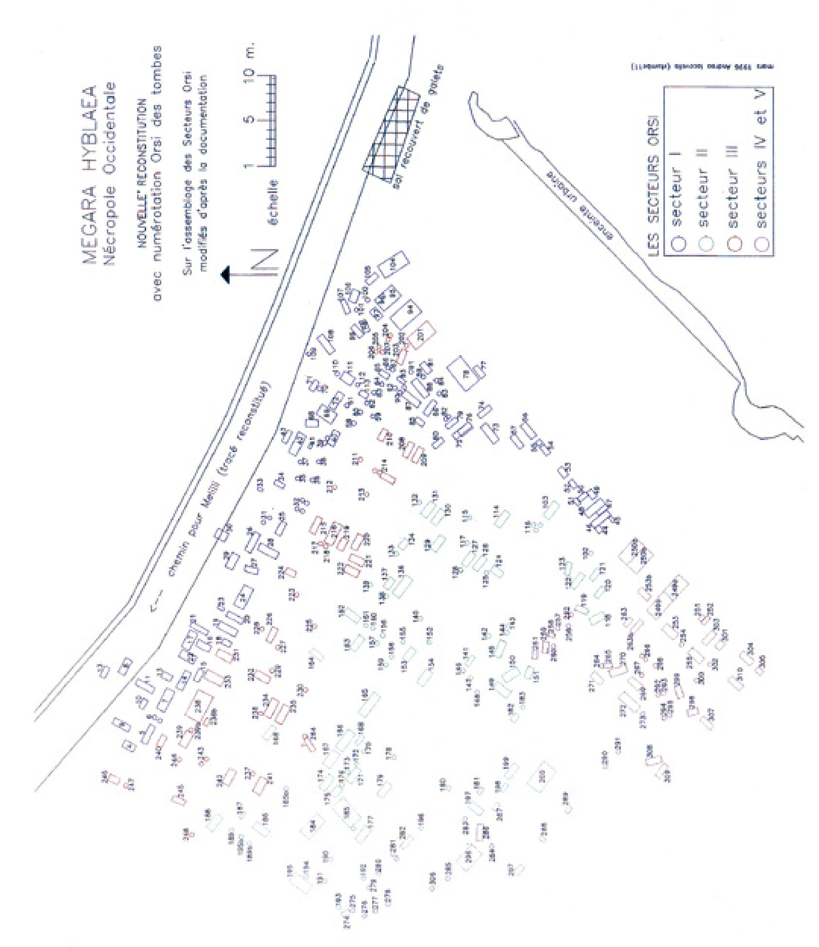 Tav. VI – Le plan de la nécropole occidentale de Mégara Hyblaea (la numérotation des tombes est conforme à celle publiée dans Orsi, Cavallari 1892).