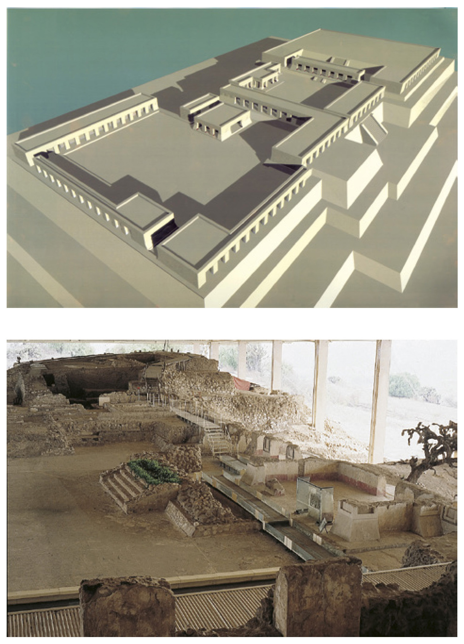 Tav. VIII – a: General perspective of the site ca. 800; b: North-South sight from the Portico B.