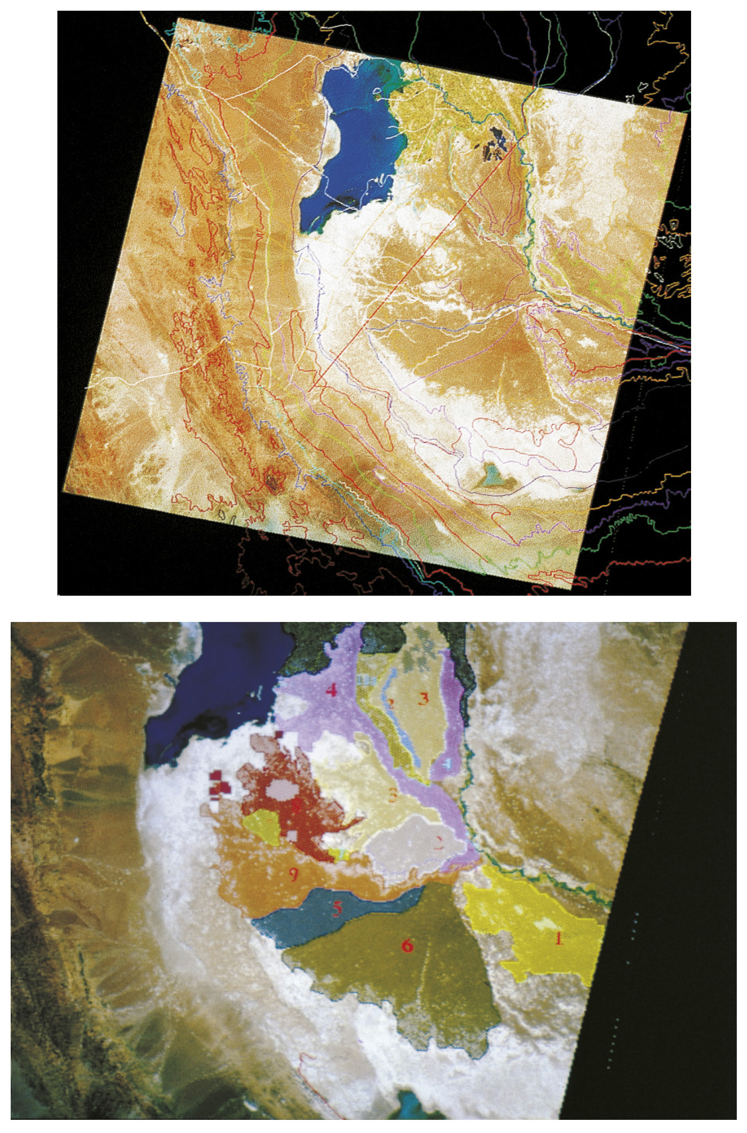 Tav. I – a: Immagine da satellite multispettrale Landsat TM con dati vettoriali in overlay. b: Immagine Landsat con classificazione geomorfologica e diacronica dell’area deltizia dell’Hilmand.