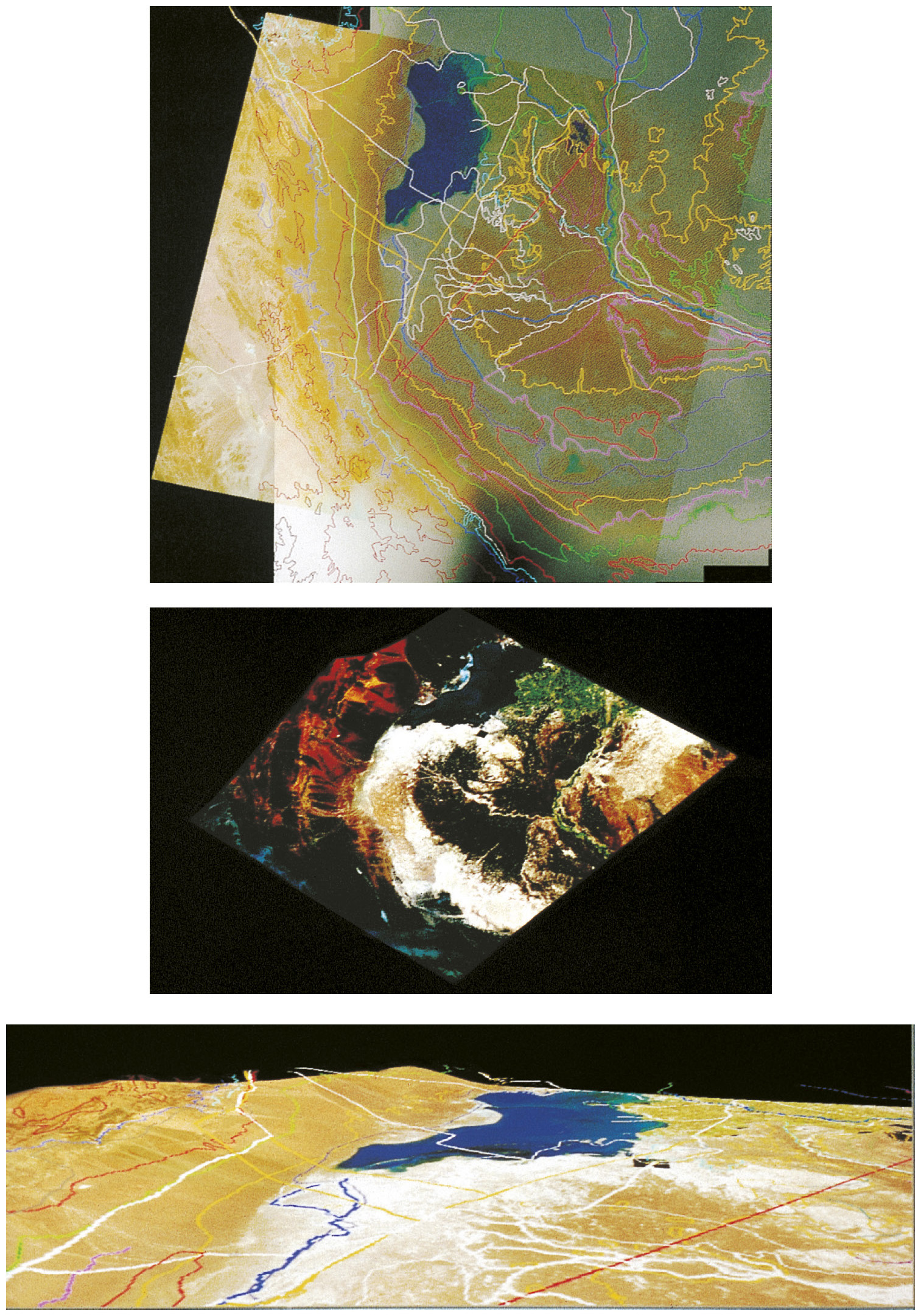 Tav. III – a: Integrazione di DTM, dati vettoriali (cartografia e siti archeologici) e raster (immagine multispettrale). b: Texturing dell’immagine satellitare sul modello 3D a falsi colori. c: Navigazione interattiva nel modello tridimensionale: la navigazione avviene in tempo reale su workstation Silicon Graphics O2 e Onyx 2. In primo piano si nota l’area con la maggiore concentrazione di siti archeologici.