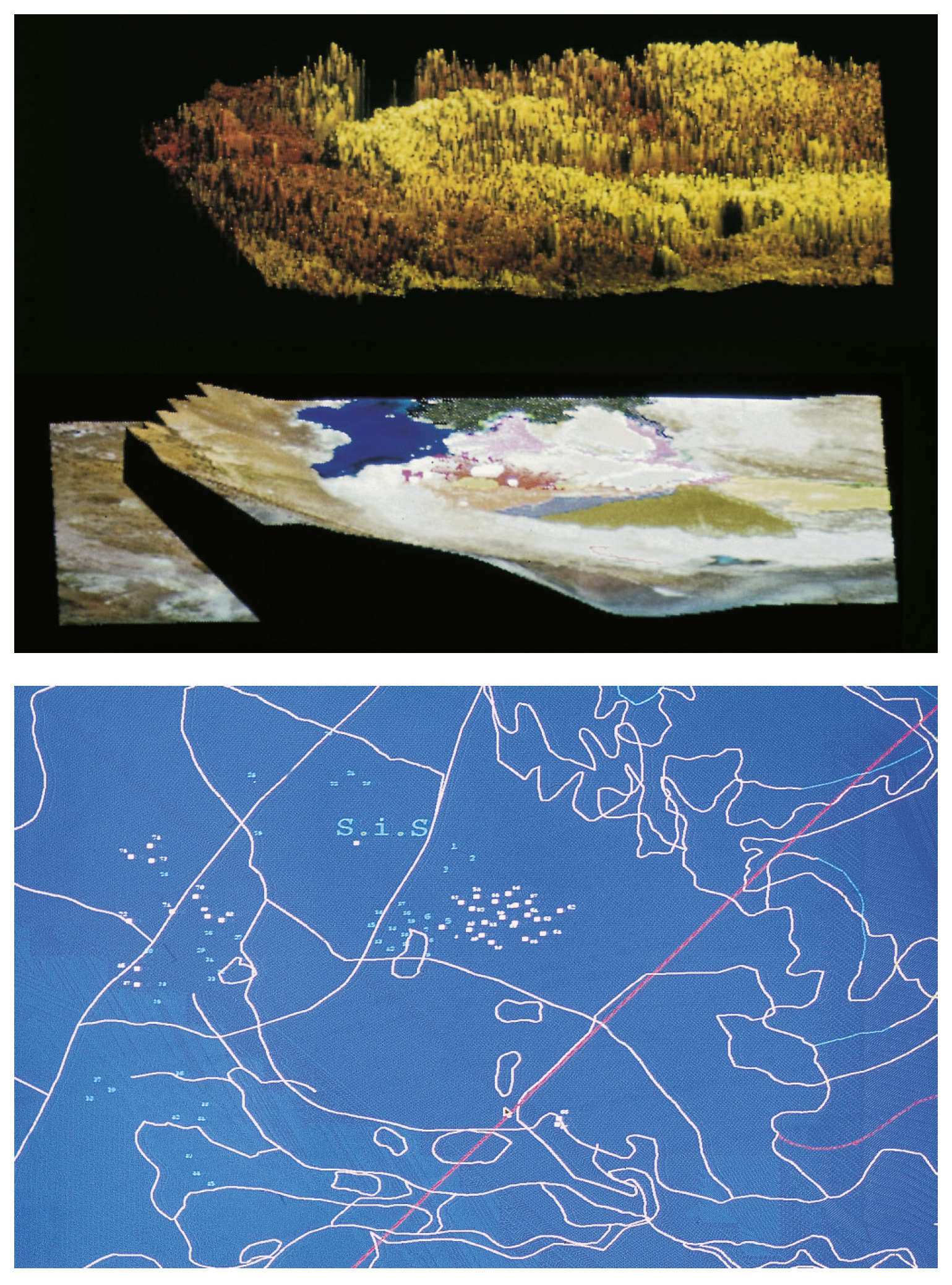 Tav. IV – a: Visualizzazione multistrato tridimensionale su due superfici: in basso l’immagine satellitare elaborata a colori naturali e con layer vettoriali; in alto proiezione tridimensionale delle riflettanze della banda 5. b: I siti archeologici georeferenziati (al centro).