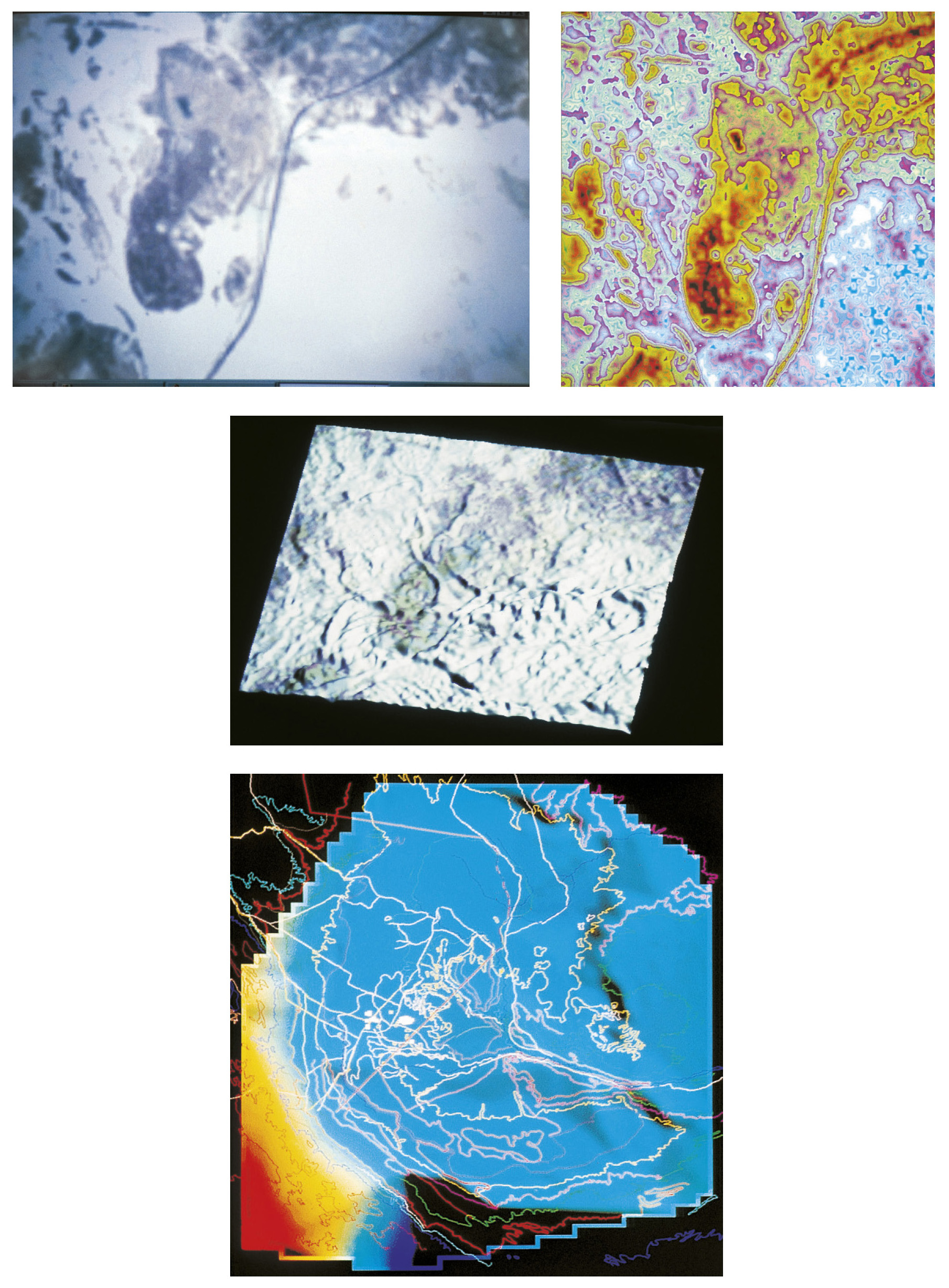 Tav. V – a: Il sito di S.i.S. a colori naturali (bande 2, 3, 5). b: Elaborazione a falsi colori dell’area archeologica di S.i.S. c: Elaborazione tridimensionale delle riflettanze per l’area di S.i.S. d: Elaborazione del DTM con dati vettoriali georeferenziati; in rosso le aree sommitali, in azzurro la pianura.