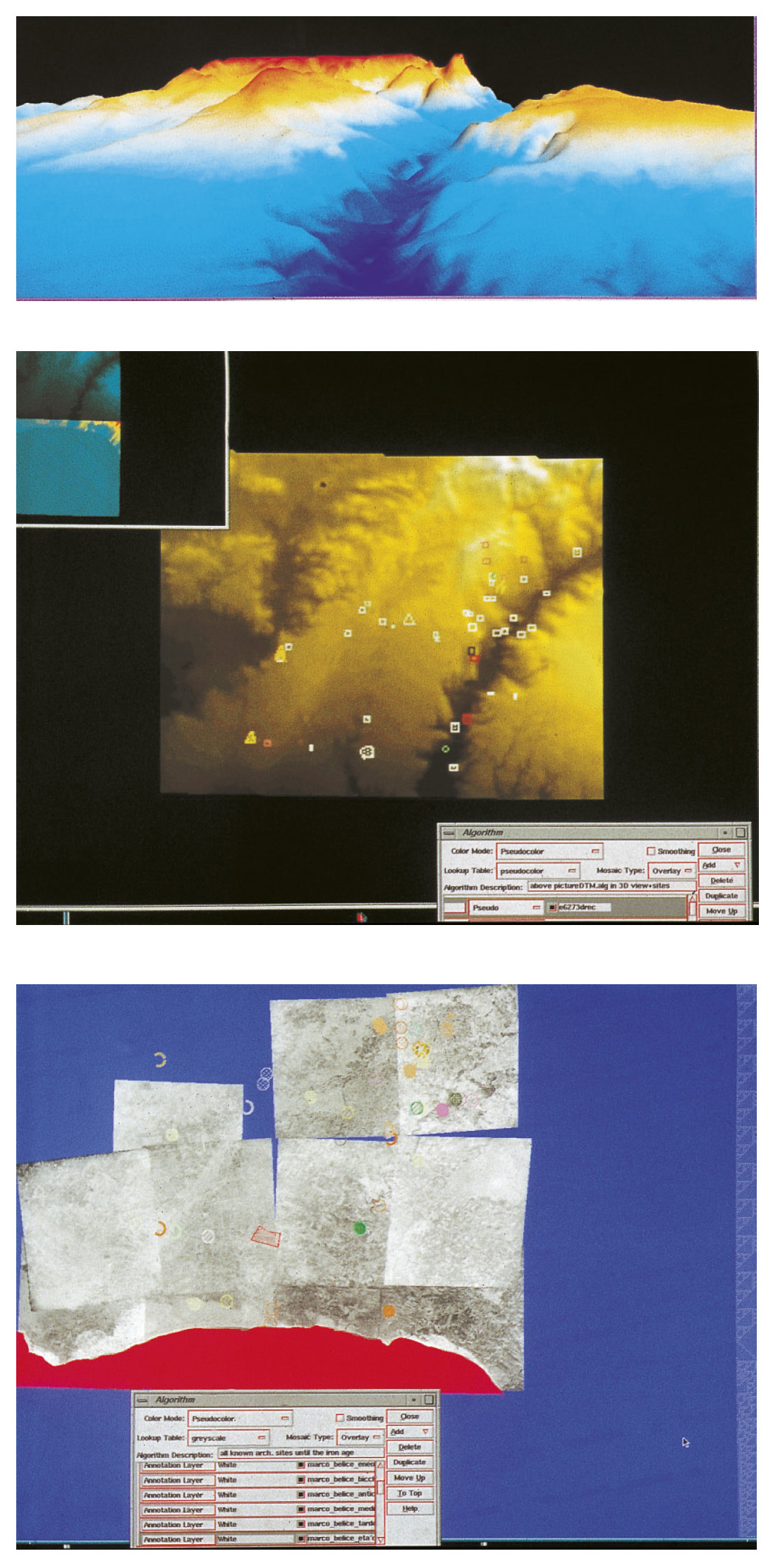 Tav. VI – a: DTM della valle del Belice elaborato a falsi colori. b: DTM con sovrapposizione vettoriale dei siti archeologici di età pre-protostorica. c: Fotomosaico georeferenziato in coordinate UTM realizzato sulla base delle foto aeree del 1955; i siti archeologici sono classificati per informazioni cronologiche e topografiche (a ogni sito è associato un attributo alfanumerico di classificazione).