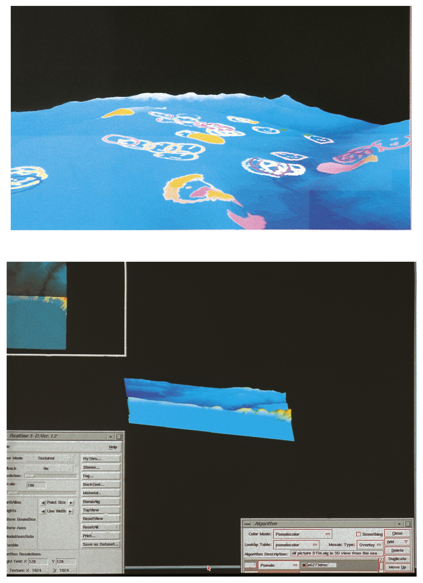 Tav. VII – a: Navigazione tridimensionale del paesaggio archeologico della valle in corrispondenza dei siti archeologici (graficamente rappresentati da differenti forme geometriche). b: Visualizzazione tridimensionale del DTM in corrispondenza della costa.