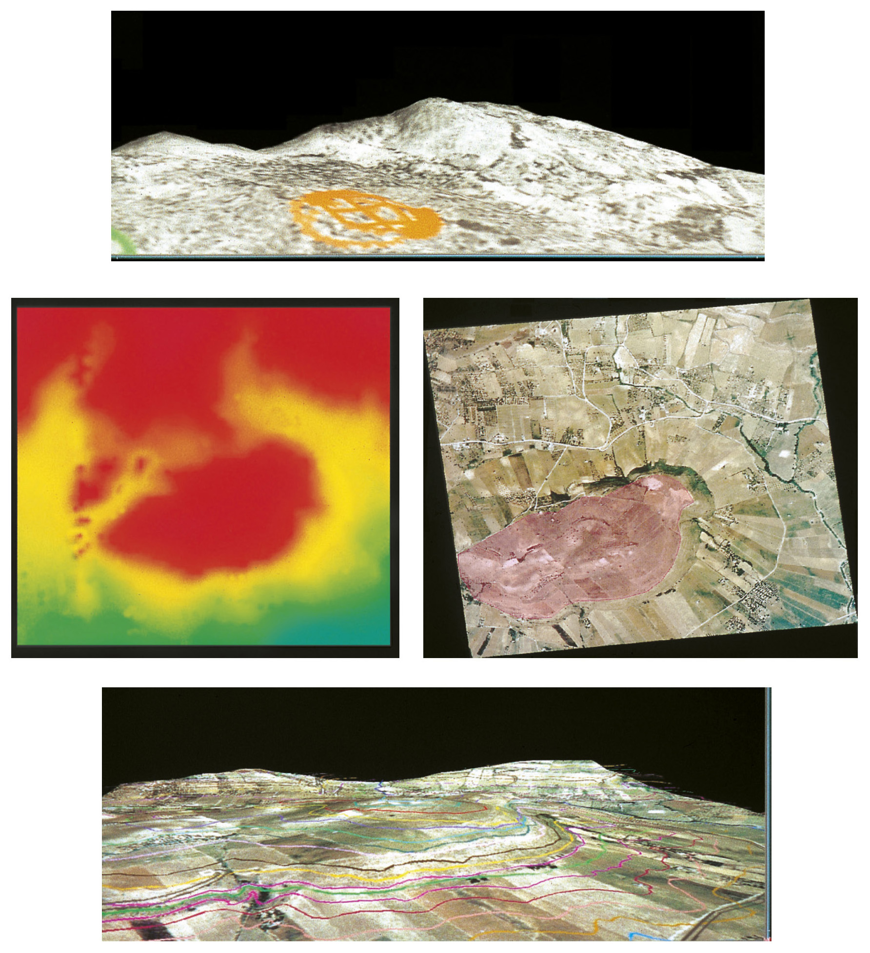 Tav. VIII – a: Navigazione virtuale interattiva nel paesaggio archeologico della valle del Belice: il modello 3D è stato elaborato con texture mapping del fotomosaico sul DTM. b: DTM a falsi colori di Mokarta elaborato con l’interpolazione delle isoipse digitali. c: Texture mapping della foto aerea di Mokarta sul DTM: l’area retinata in rosso delimita il territorio indagato nel progetto di ricerca. d: Navigazione virtuale nel sito archeologico di Mokarta: in sovrapposizione sono visibili le isoipse in differenti colori.