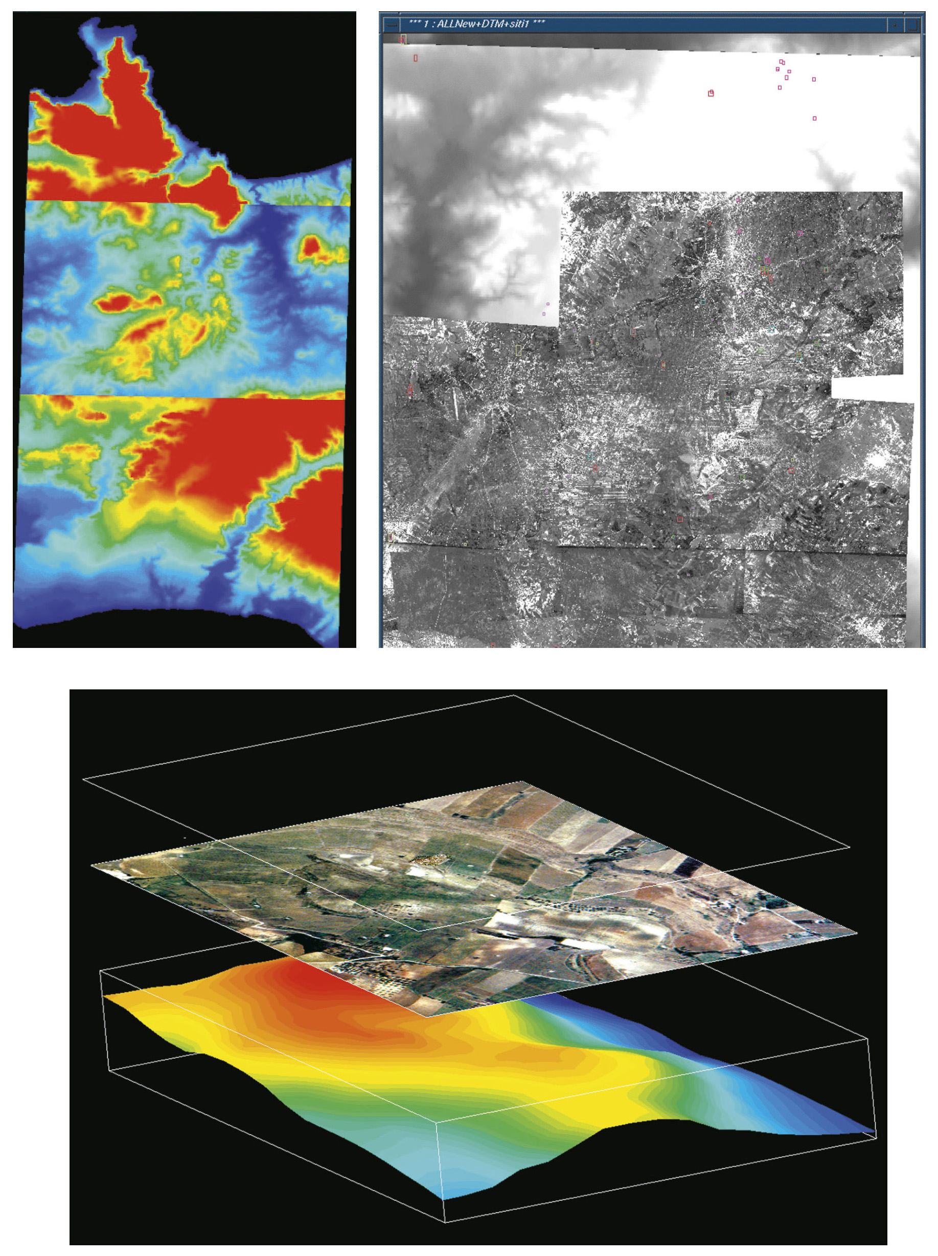 Tav. IX – a: Visualizzazione completa del DTM relativa alla regioni di interesse. b: Fotomosaico elaborato tramite matching dell’istogramma digitale ed equalizzazione dei livelli allo scopo di omogeneizzare le diverse componenti cromatiche di ciascuna foto. c: Proiezione tridimensionale multilivello del sito archeologico di Mokarta: I livello, DTM; II livello, fotografia aerea.