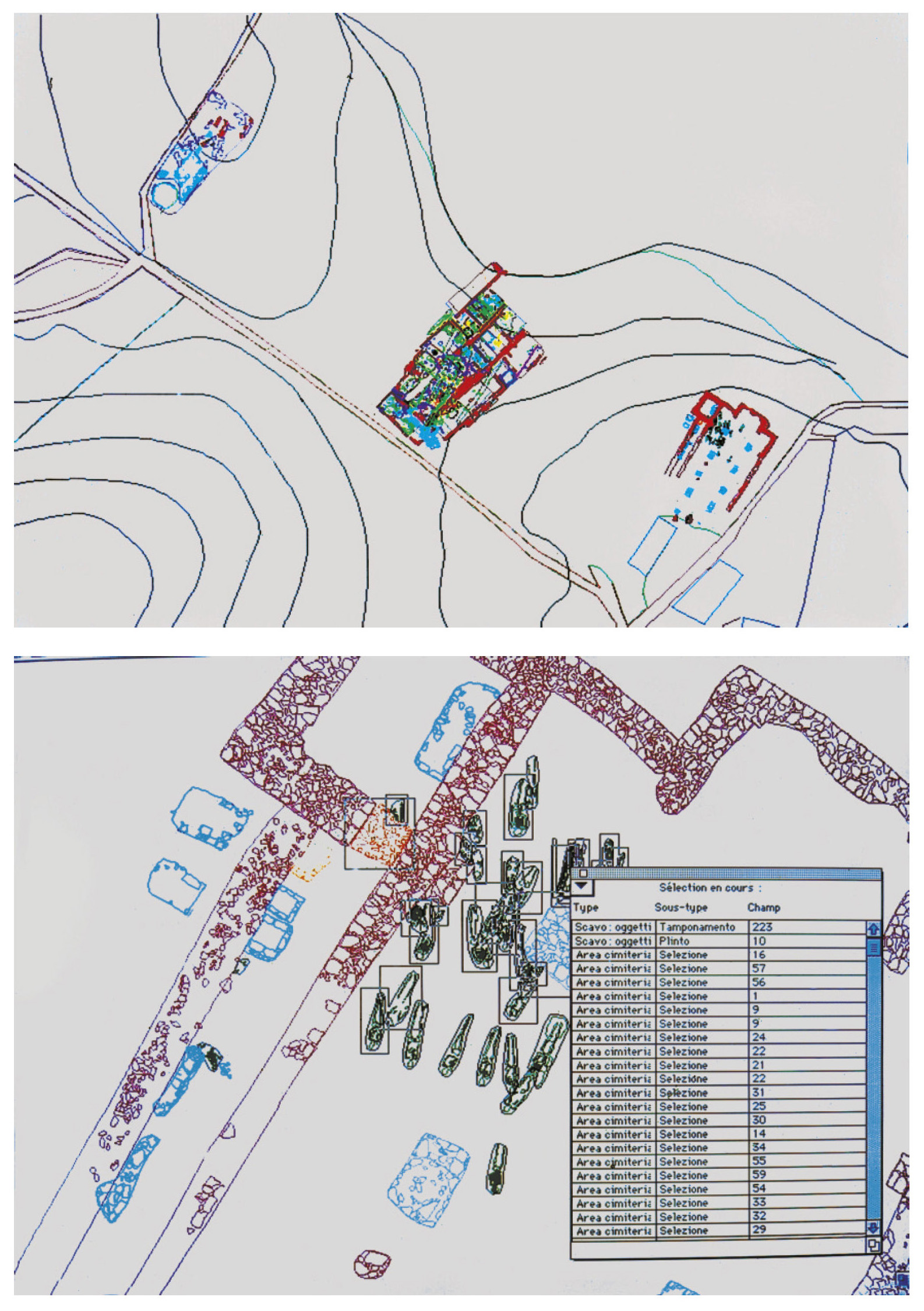 Tav. XI – Piattaforma GIS dello scavo di Poggio Imperiale a Poggibonsi (Siena). a. Visione generale dell’area di scavo; b. Particolare dell’area cimiteriale; selezione di alcune unità stratigrafiche e tabella riassuntiva delle principali informazioni inerenti ad esse.