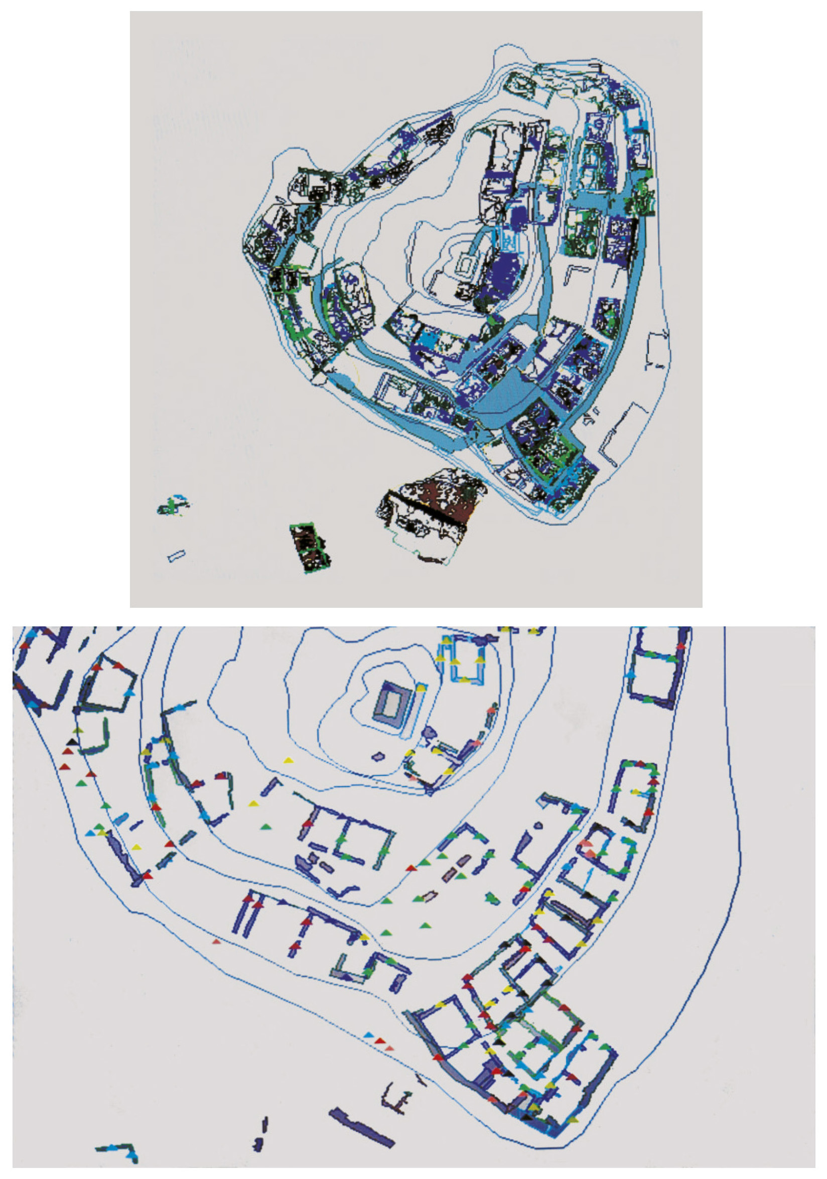 Tav. XII – Piattaforma GIS dello scavo di Rocca San Silvestro (Campiglia M.ma). a. Visione generale del castello; tematizzazione relativa alla viabilità; b. Particolare dell’area sud-est del castello; tematizzazione relativa alle diverse fasi costruttive degli edifici.