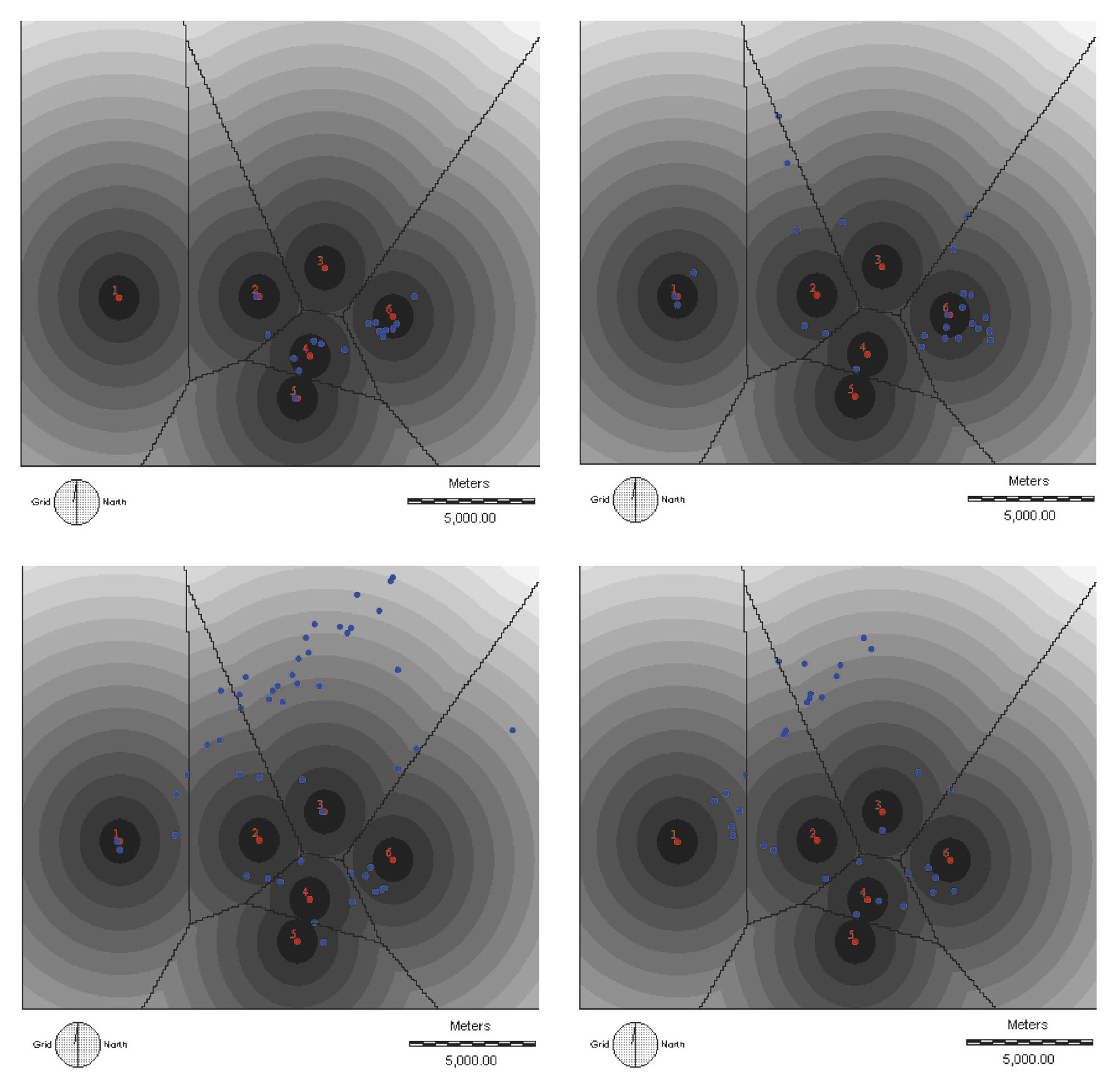 Tav. II – Distribuzione dei siti in rapporto ai centri di affioramento della selce. a: Paleolitico inferiore. b: Paleolitico medio. c: Neolitico. d: Età del Bronzo.