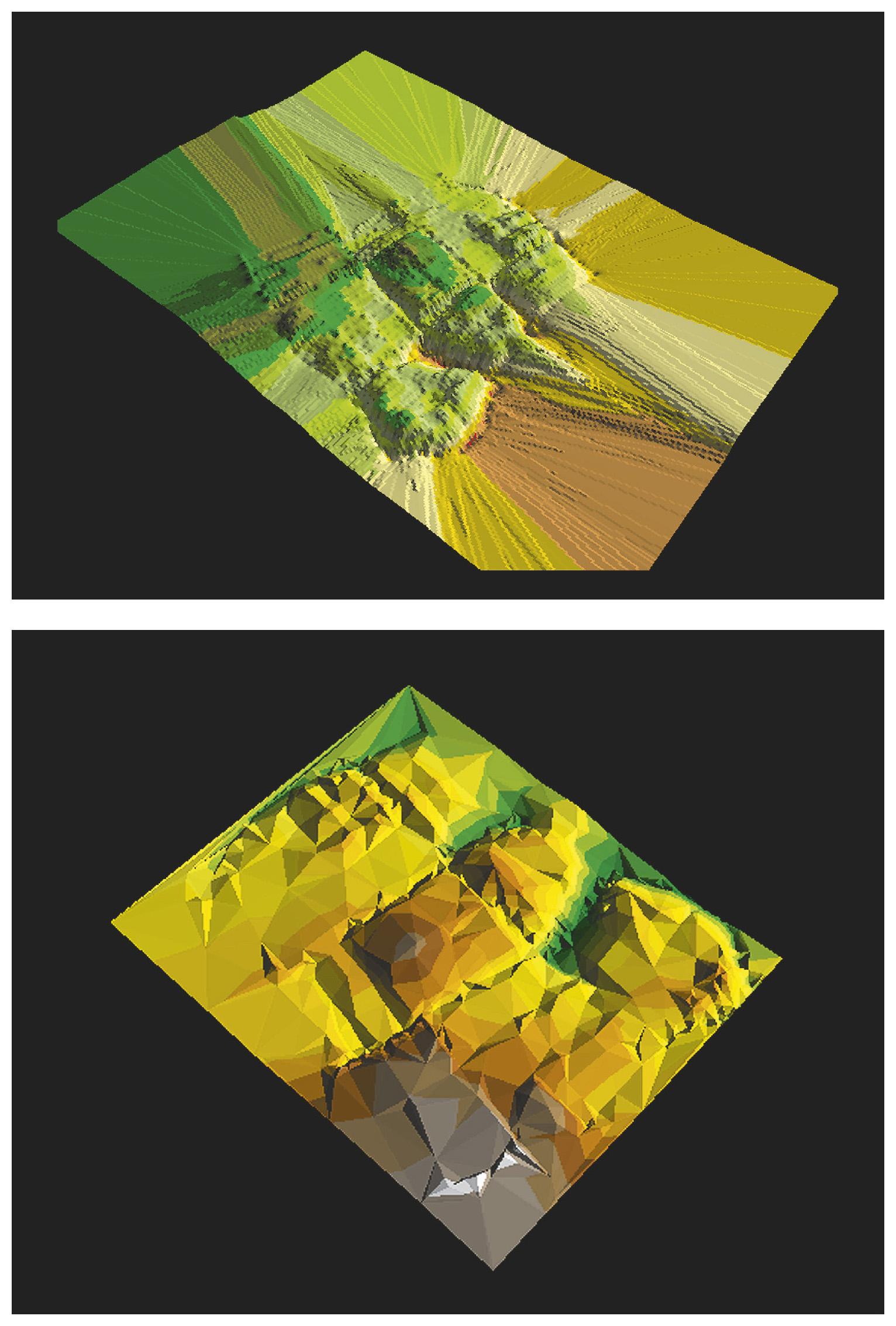 Tav. III – a: Archaeological site of Case Cocconi: 3D DEM interpolation by grid (ArcView 3D Analyst). b: Archaeological site of Case Cocconi: 3D DEM interpolation by TIN (ArcView 3D Analyst).