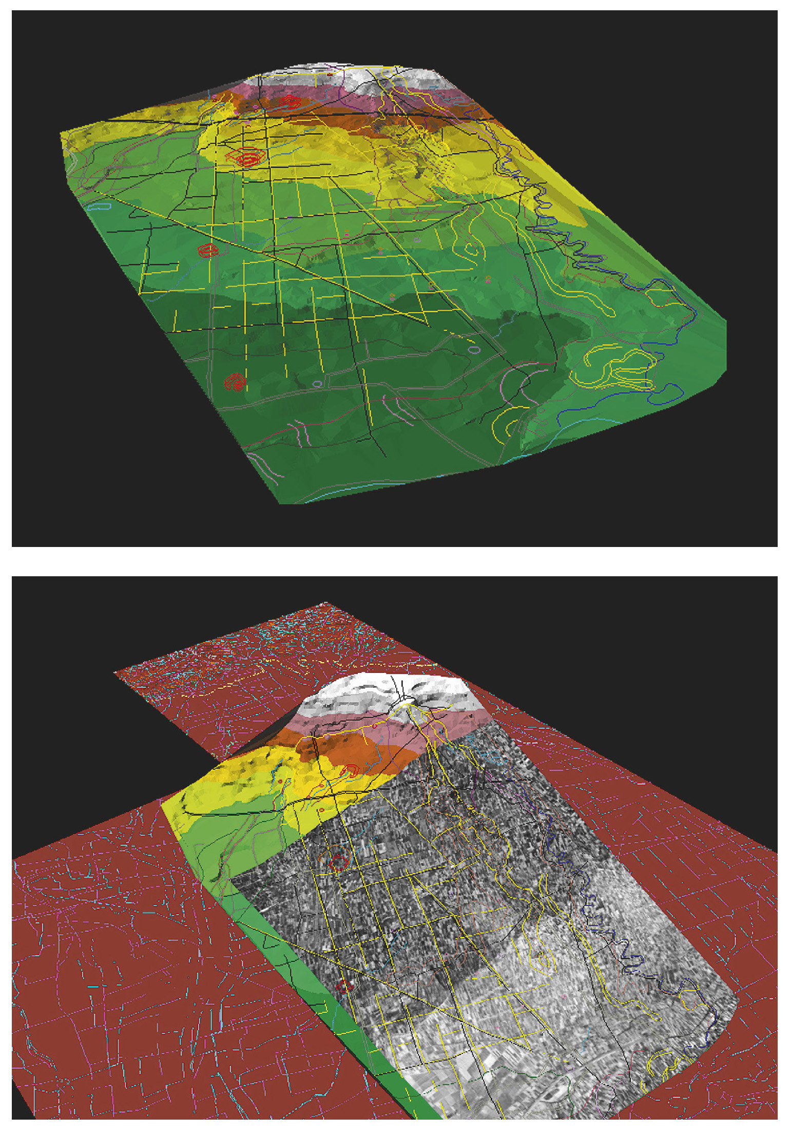 Tav. IV – a: The territory of terramare in the central Po Plain (Reggio Emilia): 3D processing including DEM, paleochannels, ridges, small meandering water courses, low lying flood basins, unstructured Bronze Age sites, terramare, main axes of the Roman centuriation, contour lines. b: The territory of terramare in the central Po Plain (Reggio Emilia): texture mapping of aerial photomosaic on the DEM.