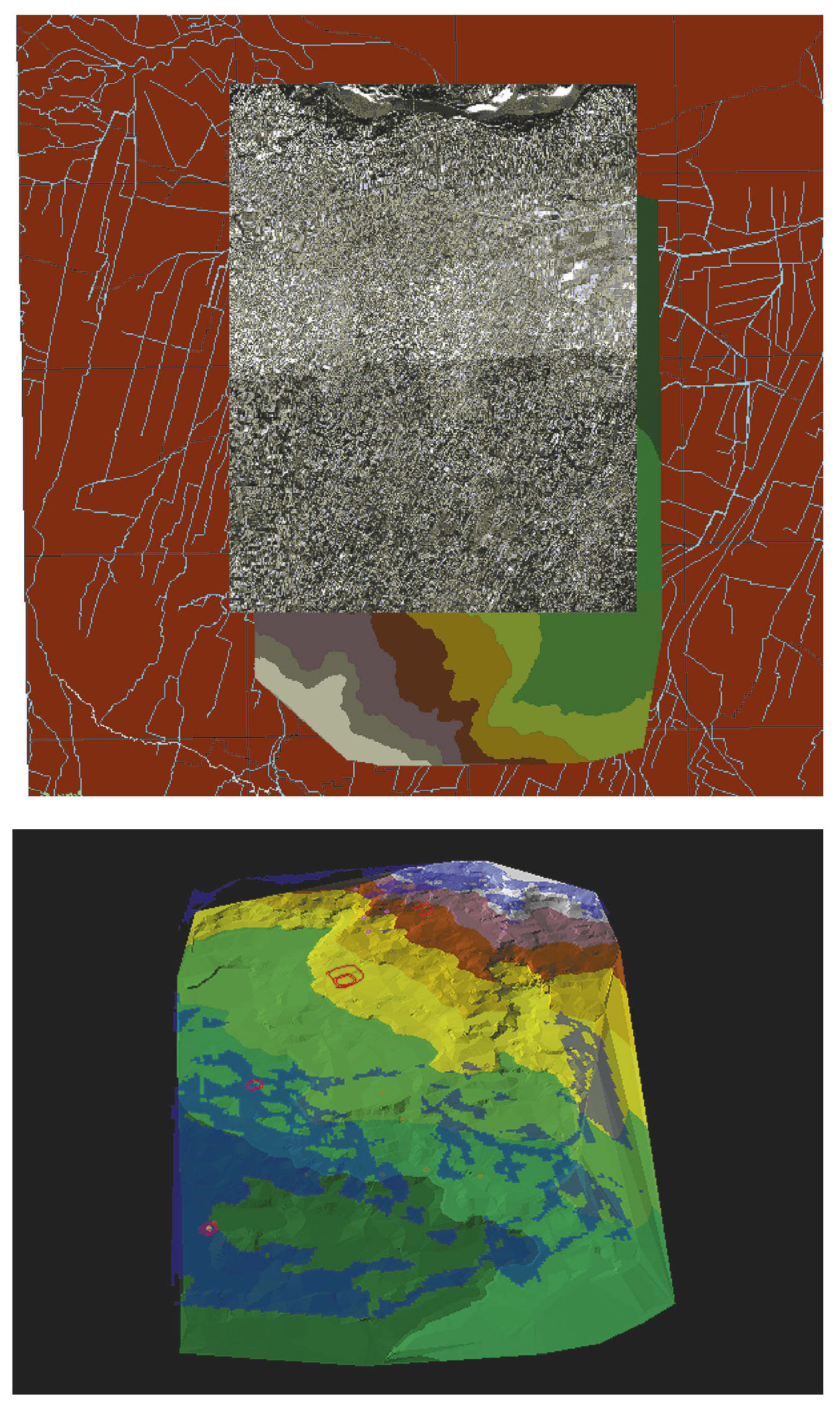 Tav. V – a: 2D digital overlay of georeferenced data: vector layers, mosaic of aerial photos, DEM, digital cartography (1:10.000). b: Analysis of visibility from the site of S. Rosa: blue pixels are corresponding to the visible areas on the horizon.