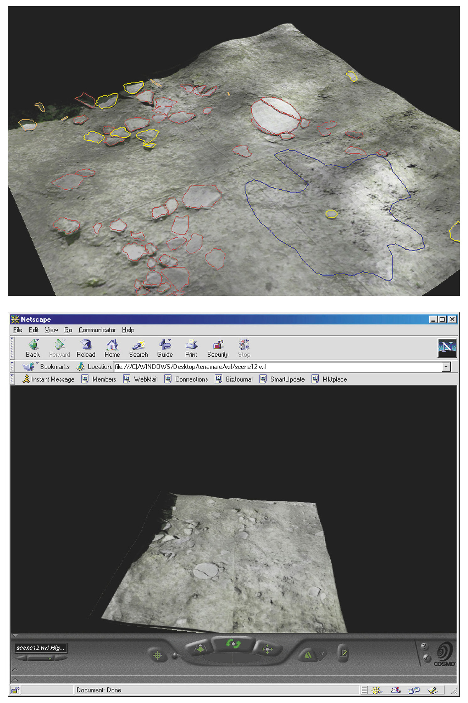 Tav. VI – a: Virtual reconstruction by 3D Analyst (ArcView 3.0a) of a stratigraphic surface (terramara of S. Rosa): in overlay vector drawing of archaeological pottery, finds, bones, etc. b: VRML interface by the browser Cosmo Player 2.1: 3D virtual model concerning a stratigraphic surface of the site of S. Rosa (Reggio Emilia).