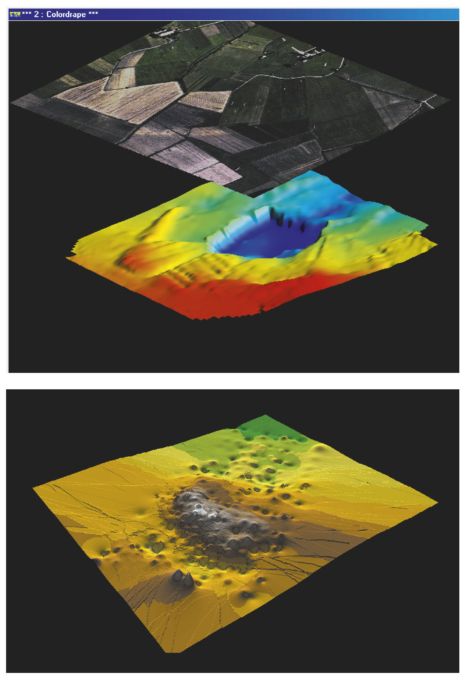 Tav. VII – a: Multilayer analysis (DEM + aerial photo) of the site of Case del Lago. b: Grid model in 3D of the site of S. Rosa: in evidence shape and morphology of the embankment (DEM created by total laser station, 600 pts).