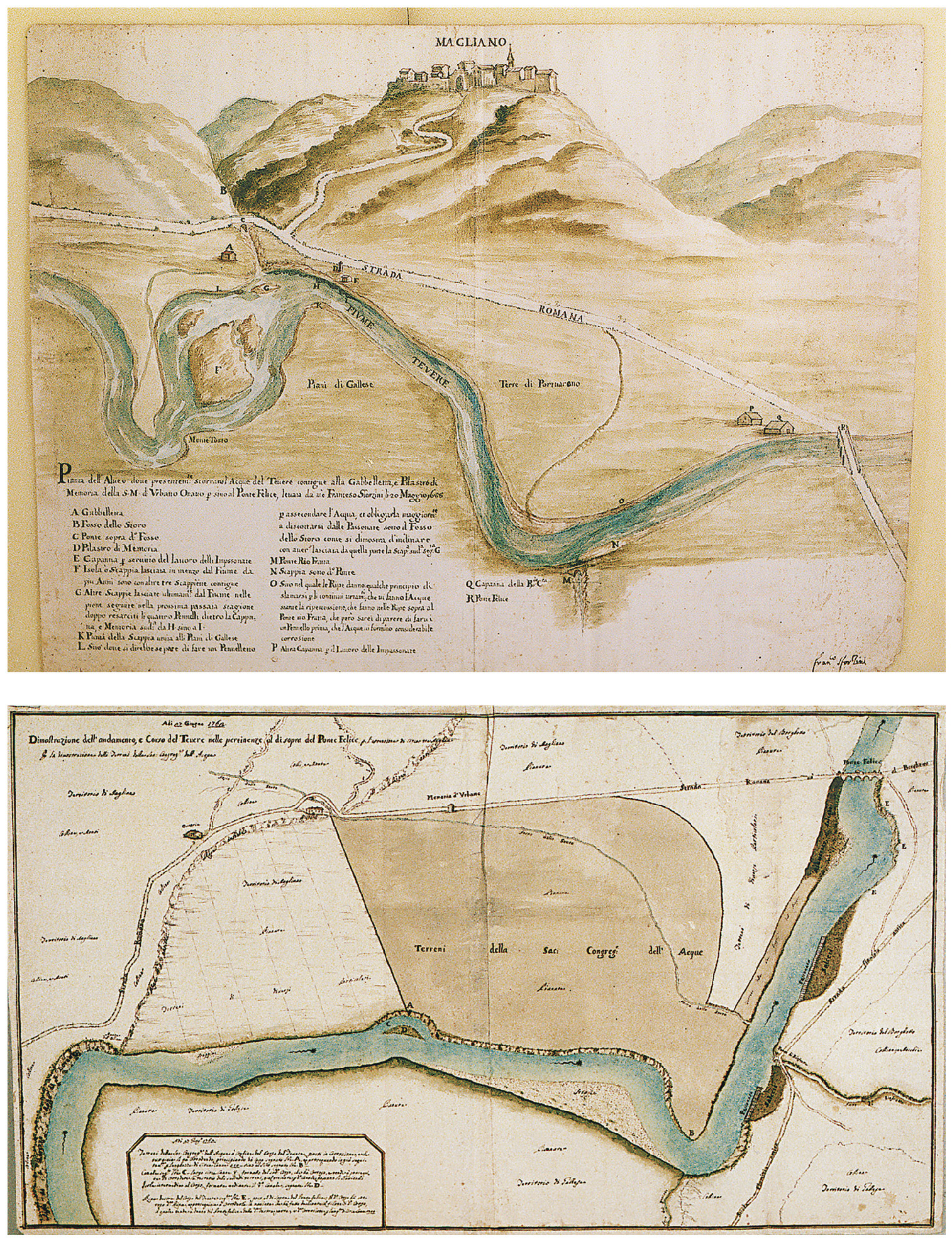 Tav. XI – a: Pianta dell’alveo del Tevere dove presentemente scorrono le acque del Tevere… sino a Ponte Felice; redatta da Francesco Sforzini il 20 maggio 1688. b: Pianta con Dimostrazione dell’andamento e corso del Tevere nelle pertinenze al di sopra del Ponte Felice; redatta intorno al giugno 1762.