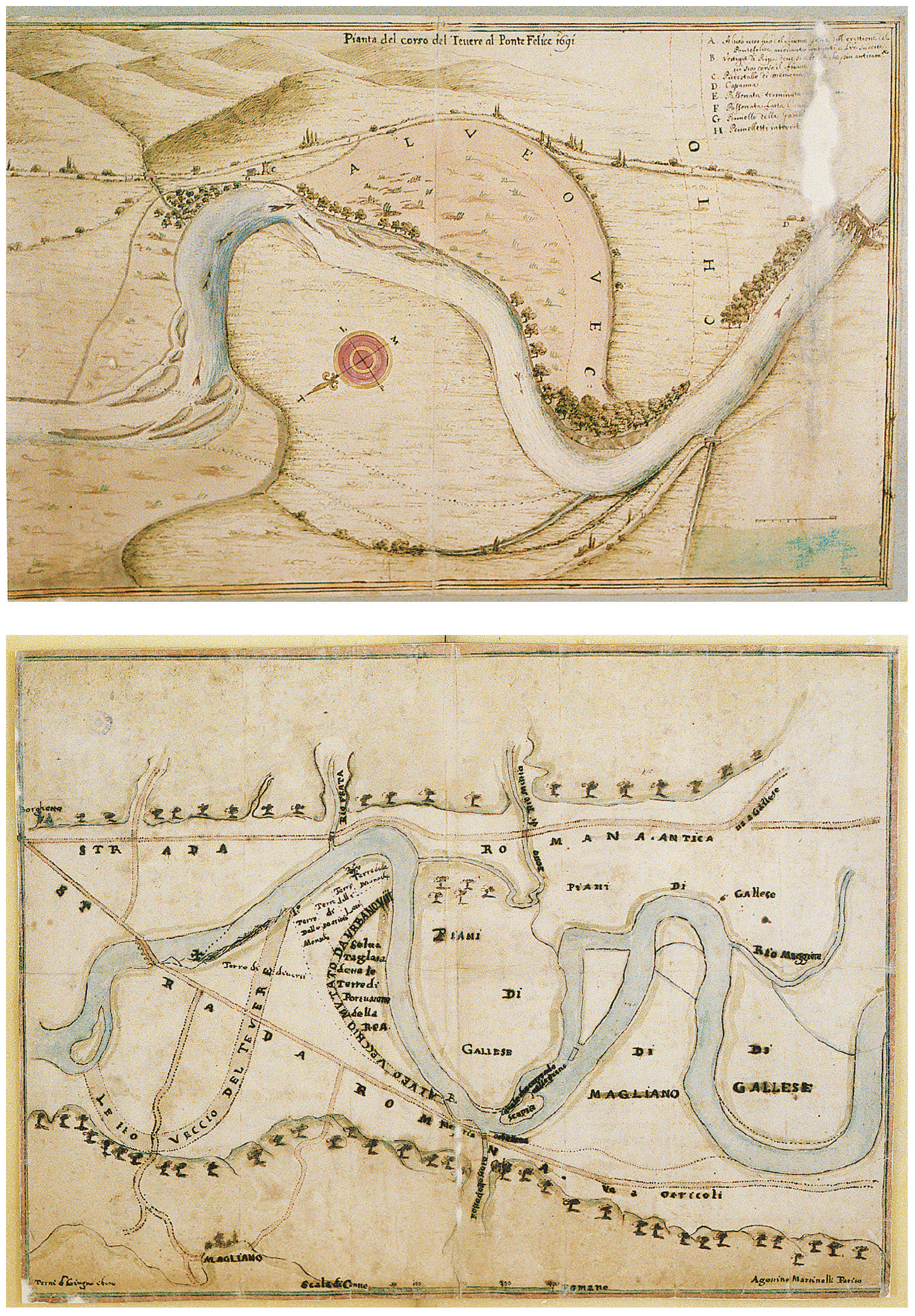 Tav. XII – a: Pianta del corso del Tevere al Ponte Felice; redatta nel 1691. b: Pianta con Corografia del Tevere da Borghetto a Gallese; redatta da Agostino Martinelli nel giugno 1690.