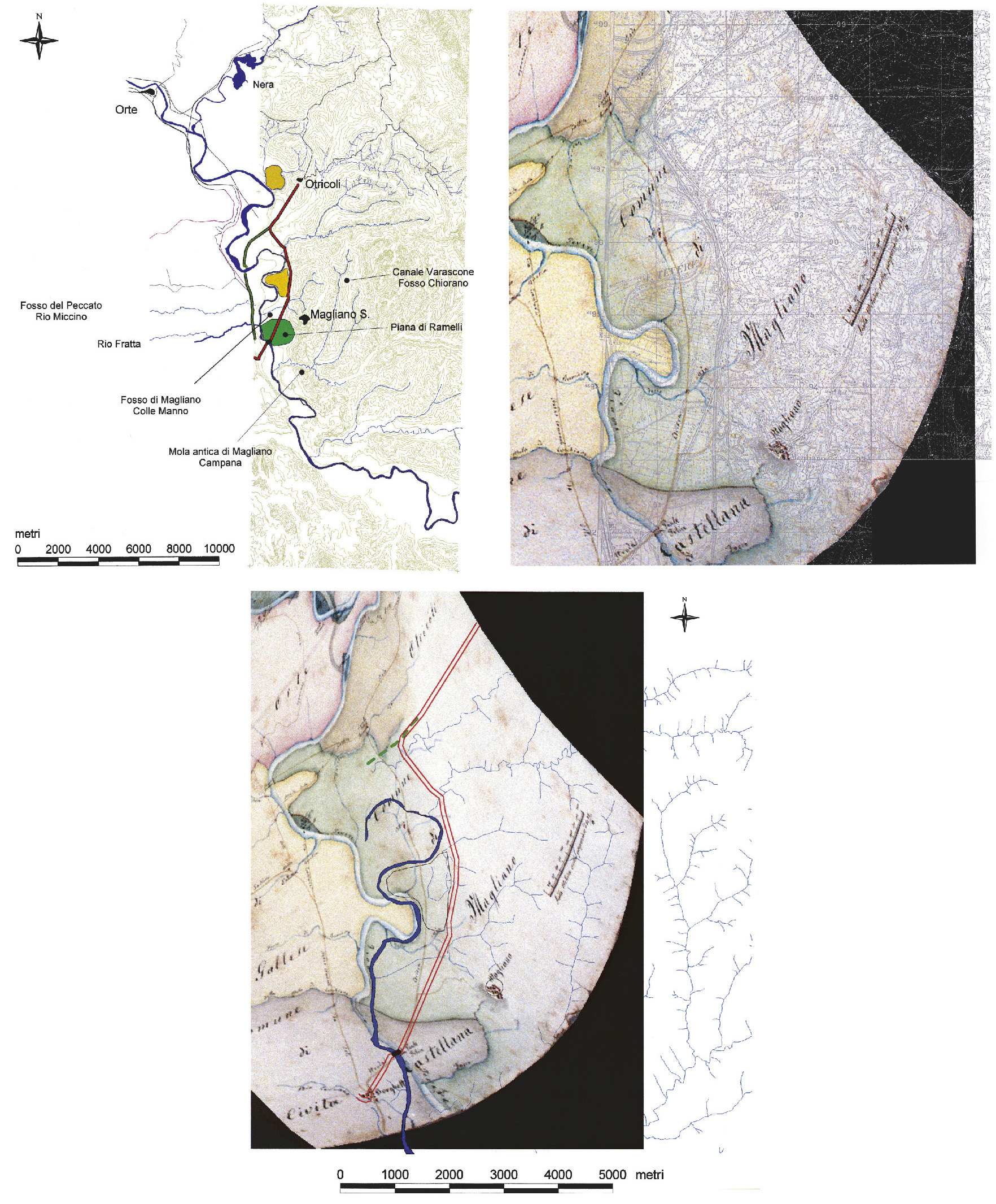 Tav. XIV – a: La valle del Tevere tra Orte e Stimigliano: elementi topografici principali con sovrapposizione dell’orografia della zona. b. Mappa storica del 1845, con sovrapposizione della attuale cartografia I.G.M. 1:25000. c: Mappa storica del 1845, georeferenziata su elementi di topografia attuale.