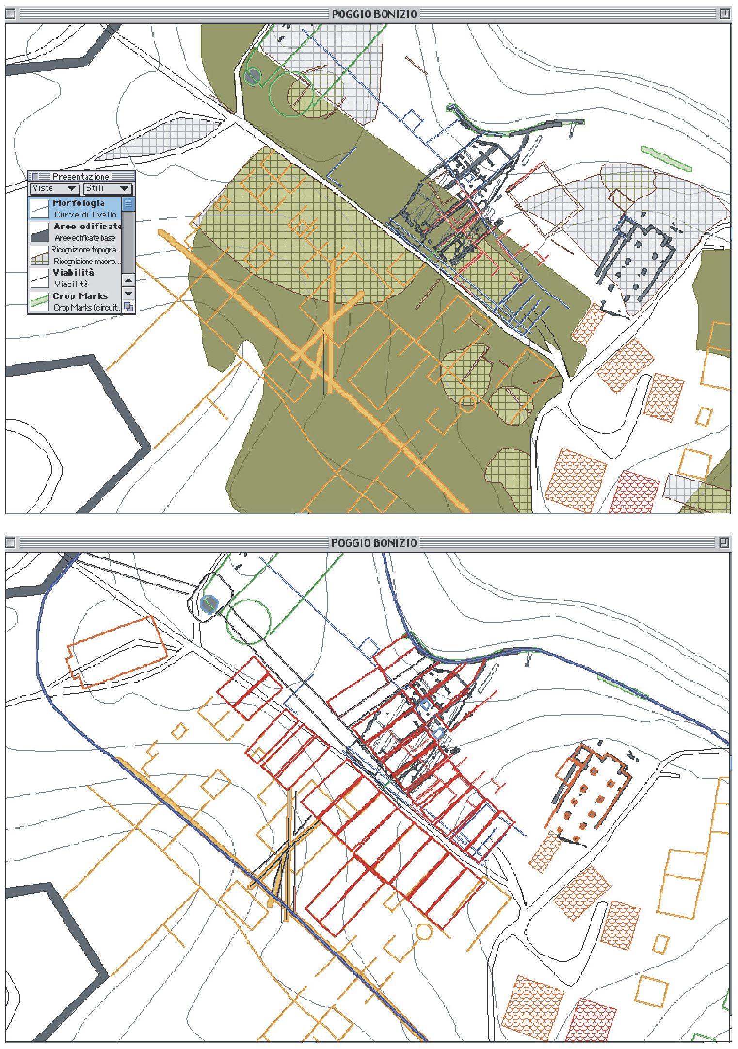 Tav. II – Piattaforma GIS Poggio Imperiale. a: Piani di informazione incrociati per la redazione dell’ipotesi urbanistica dell’insediamento di metà XII secolo (ricognizione di superficie, crop-marks di foto aeree a scale diversificate, strutture murarie rinvenute sullo scavo). b: Piani di informazione incrociati e redazione dell’ipotesi urbanistica dell’insediamento di metà XII secolo.