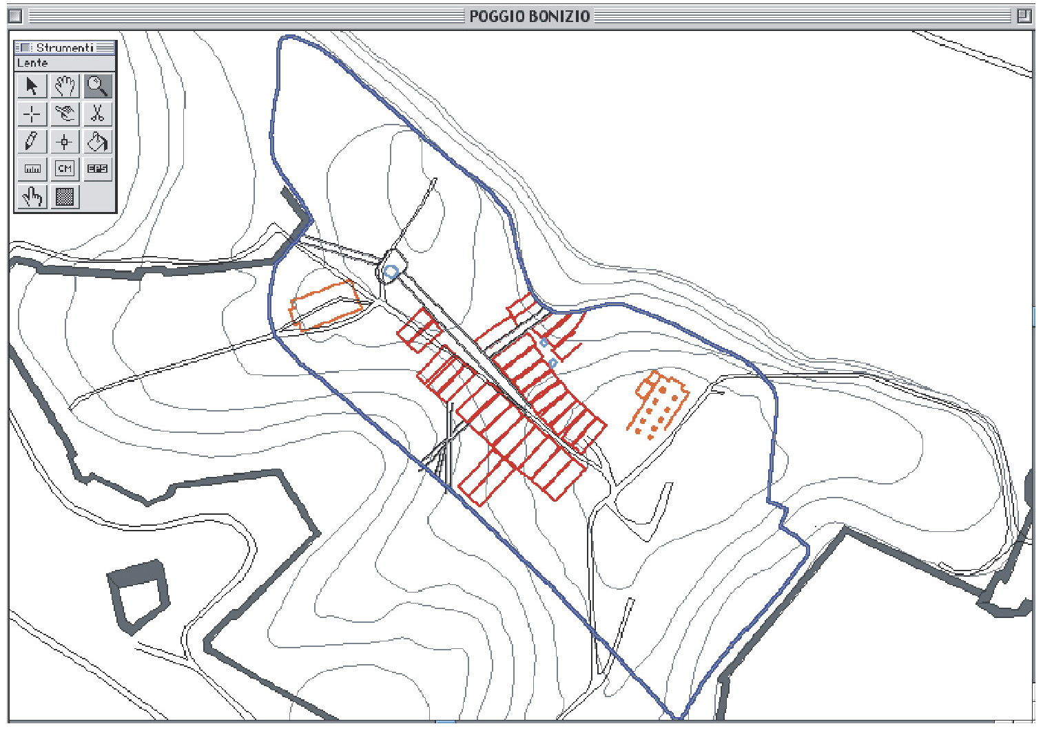 Tav. III – Piattaforma GIS Poggio Imperiale. a: Ipotesi finale concernente la topografia dell’insediamento di metà XII secolo.