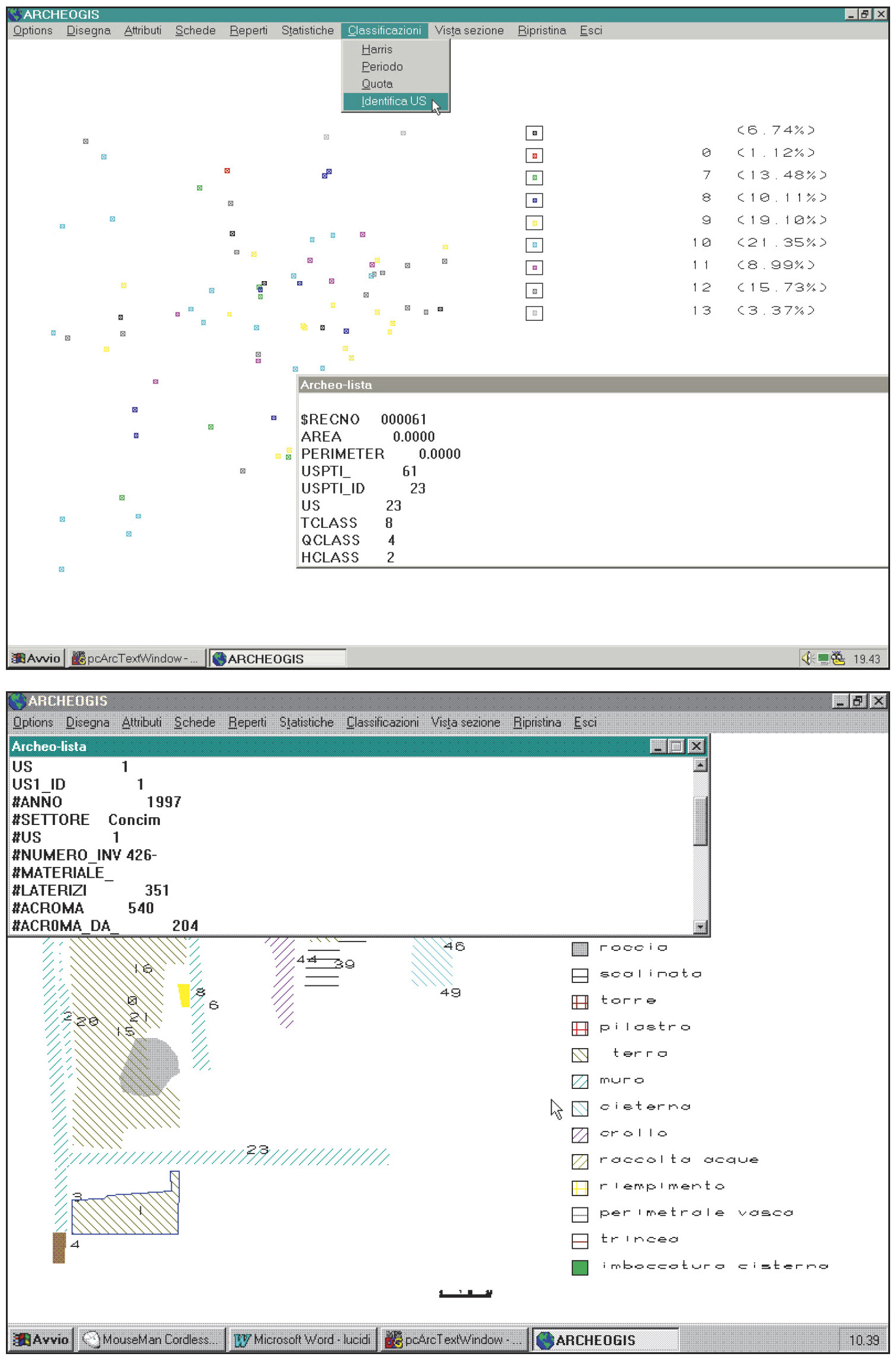 Tav. VI – a: Esempio di risposta grafica-numerica ad una query di classificazione. b: Informazioni di risposta alla query realizzata tramite puntamento del mouse sull’unità stratigrafica selezionata.